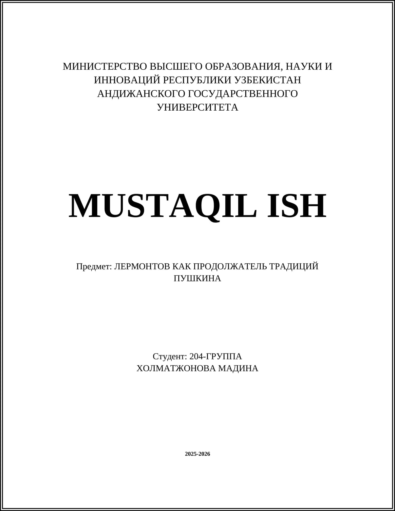 MUSTAQIL ISH - ЛЕРМОНТОВ КАК ПРОДОЛЖАТЕЛЬ ТРАДИЦИЙ ПУШКИНА
