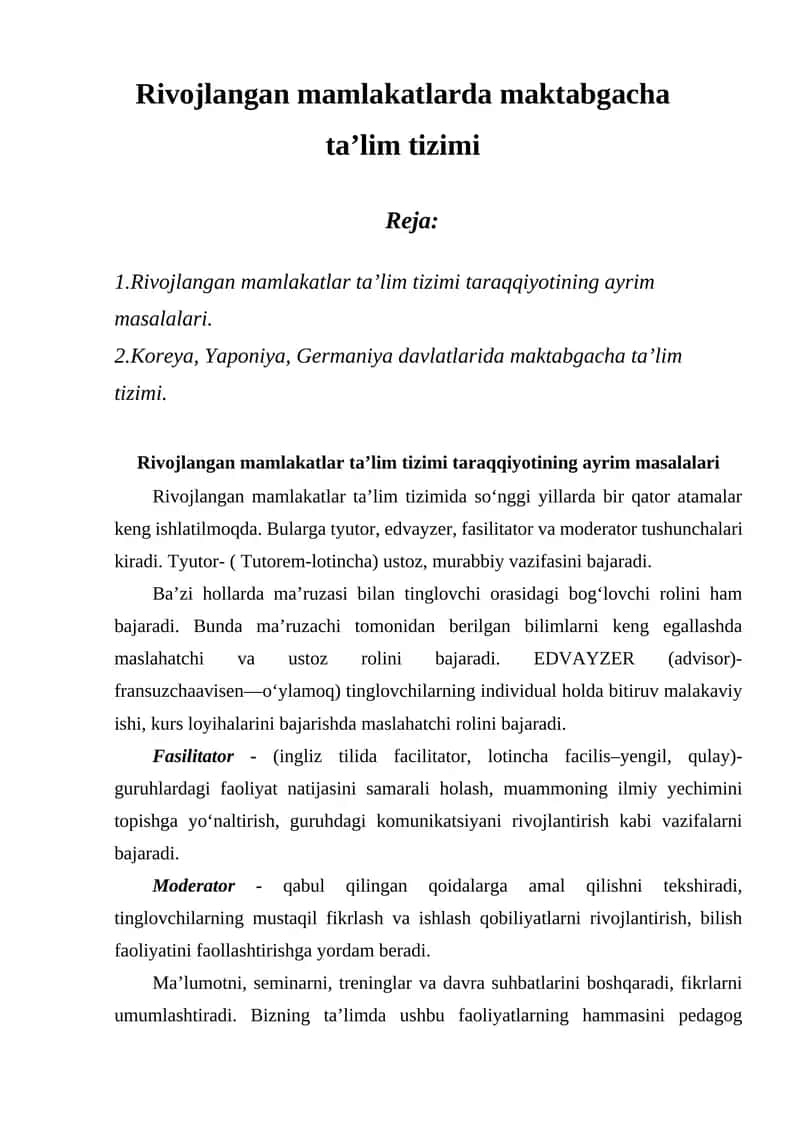 Rivojlangan mamlakatlarda maktabgacha ta'lim tizimi
