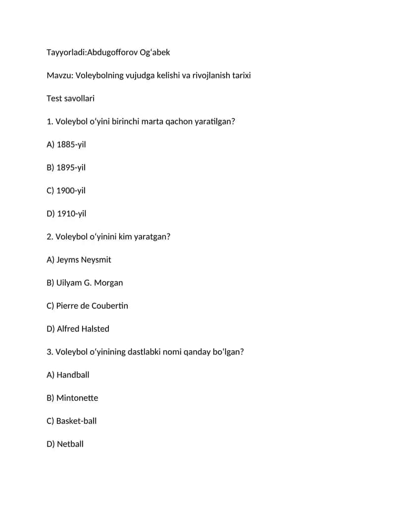 Voleybolning vujudga kelishi va rivojlanish tarixi