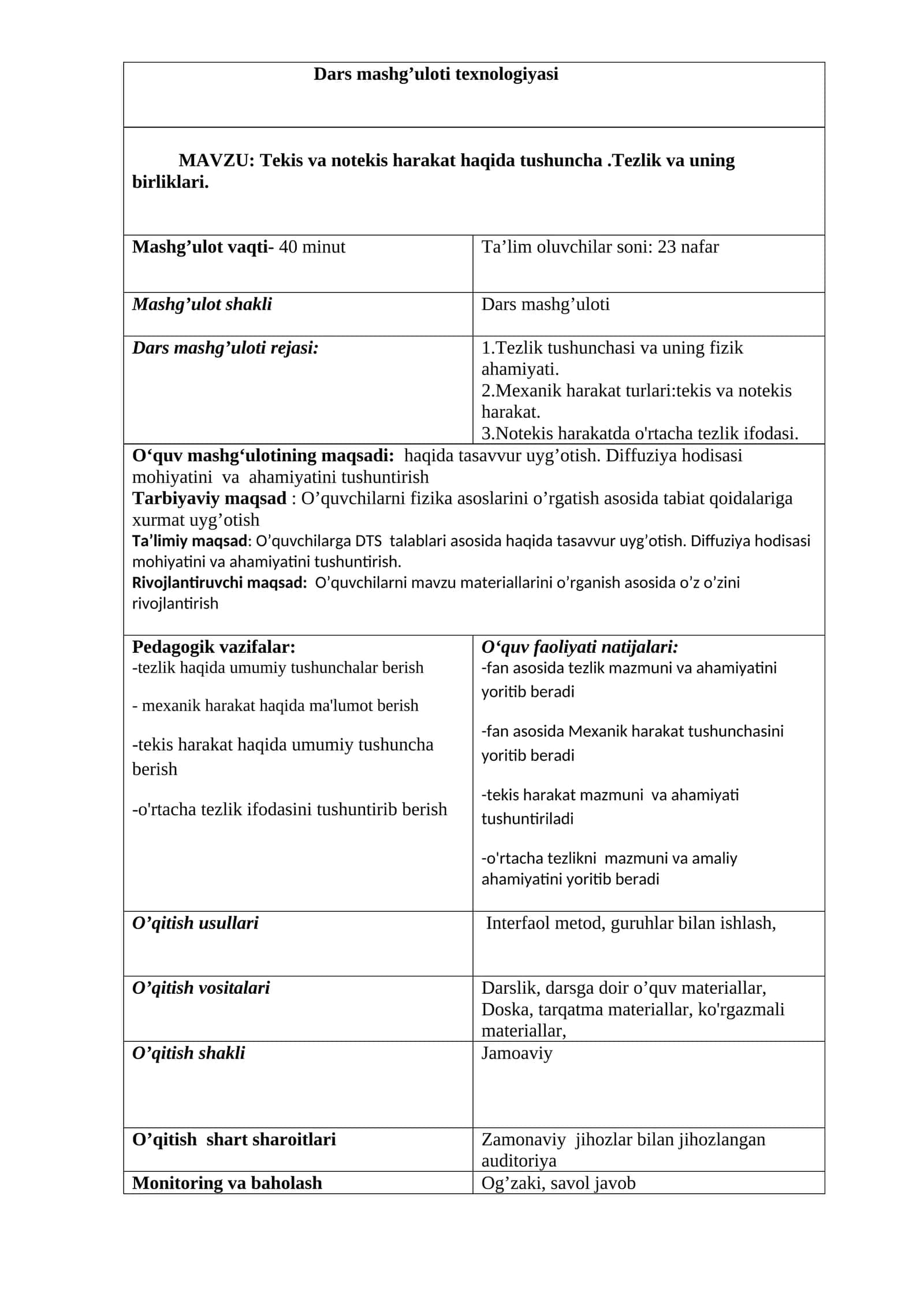 Tekis va notekis harakat haqida tushuncha .Tezlik va uning birliklari mavzusida tayyor dars islanmasi