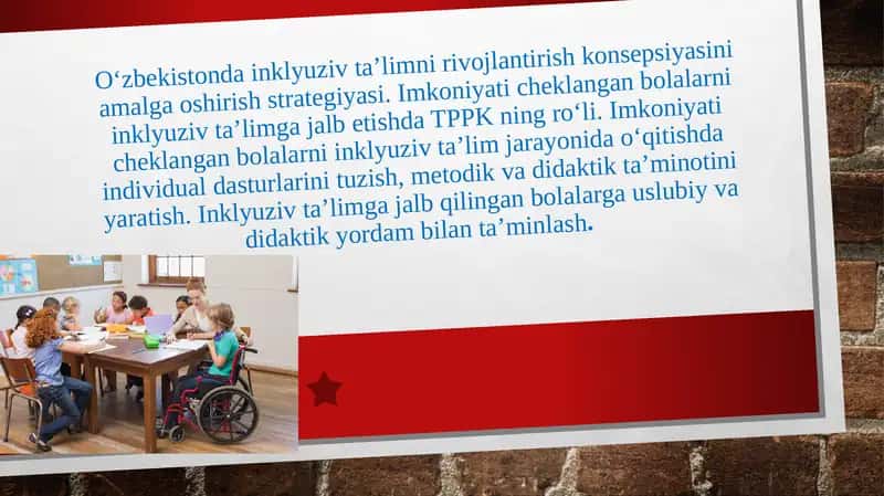 O‘zbekistonda inklyuziv taʼlimni rivojlantirish konsepsiyasini amalga oshirish strategiyasi. Imkoniyati cheklangan bolalarni inklyuziv taʼlimga jalb etishda TPPK ning ro‘li. Imkoniyati cheklangan bolalarni inklyuziv taʼlim jarayonida o‘qitishda individual dasturlarini tuzish, metodik va didaktik taʼminotini yaratish. Inklyuziv taʼlimga jalb qilingan bolalarga uslubiy va didaktik yordam bilan taʼminlash.