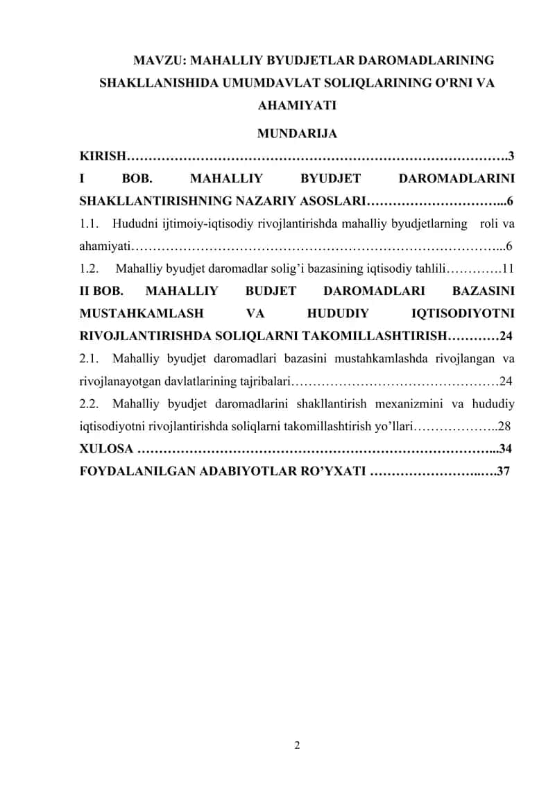 MAHALLIY BYUDJETLAR DAROMADLARINING SHAKLLANISHIDA UMUMDAVLAT SOLIQLARINING O'RNI VA AHAMIYATI
