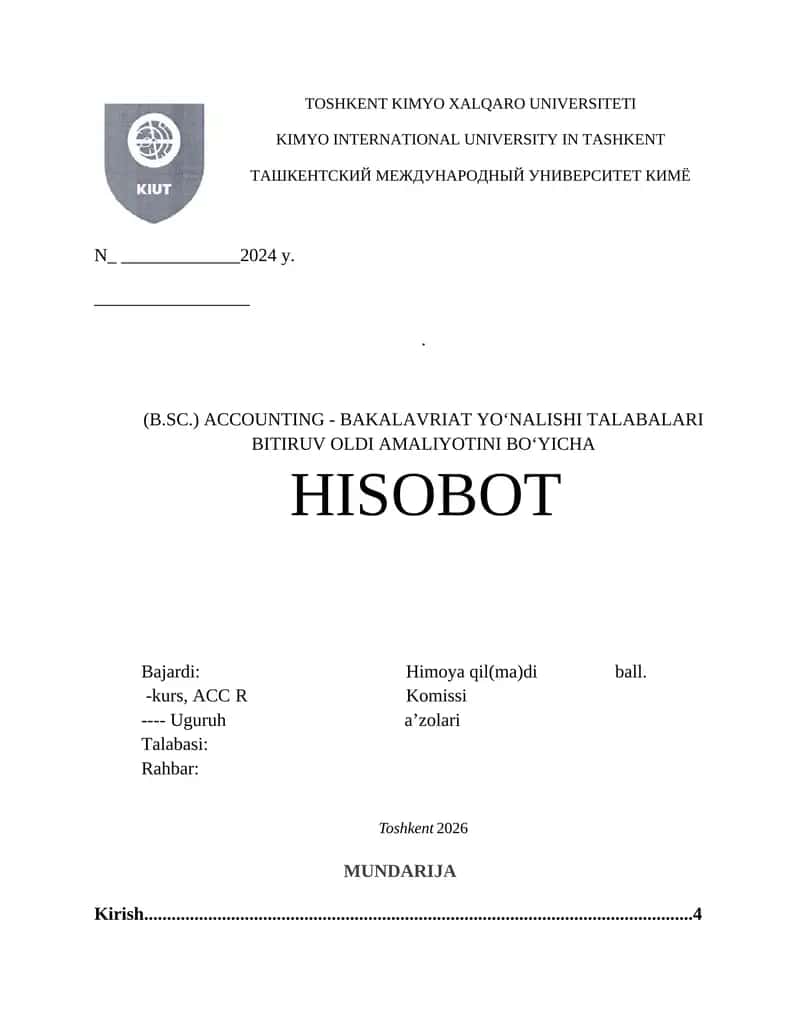 AZOT BOʻYICHA AMALIYOT HISOBOTI. ACCOUNTING - BAKALAVRIAT YO‘NALISHI