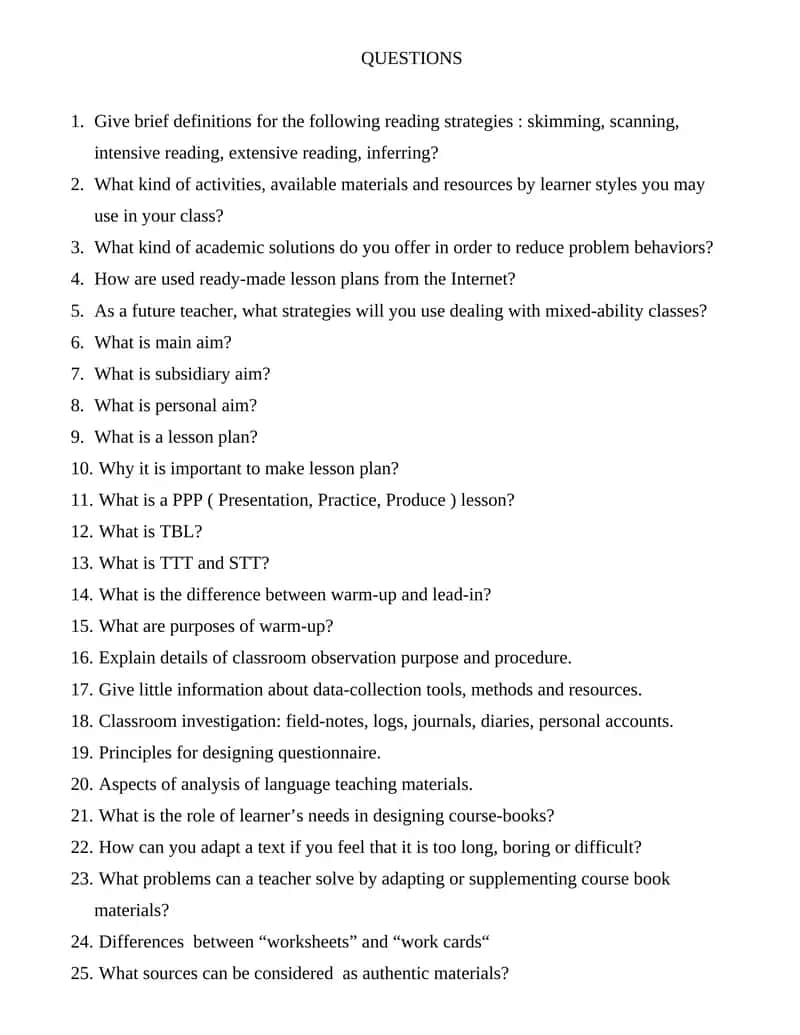 Questions on English Language Teaching Methodology