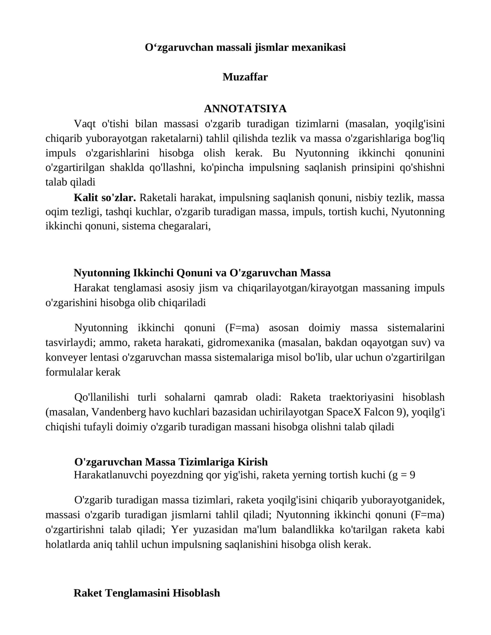 O‘zgaruvchan massali jismlar mexanikasi
