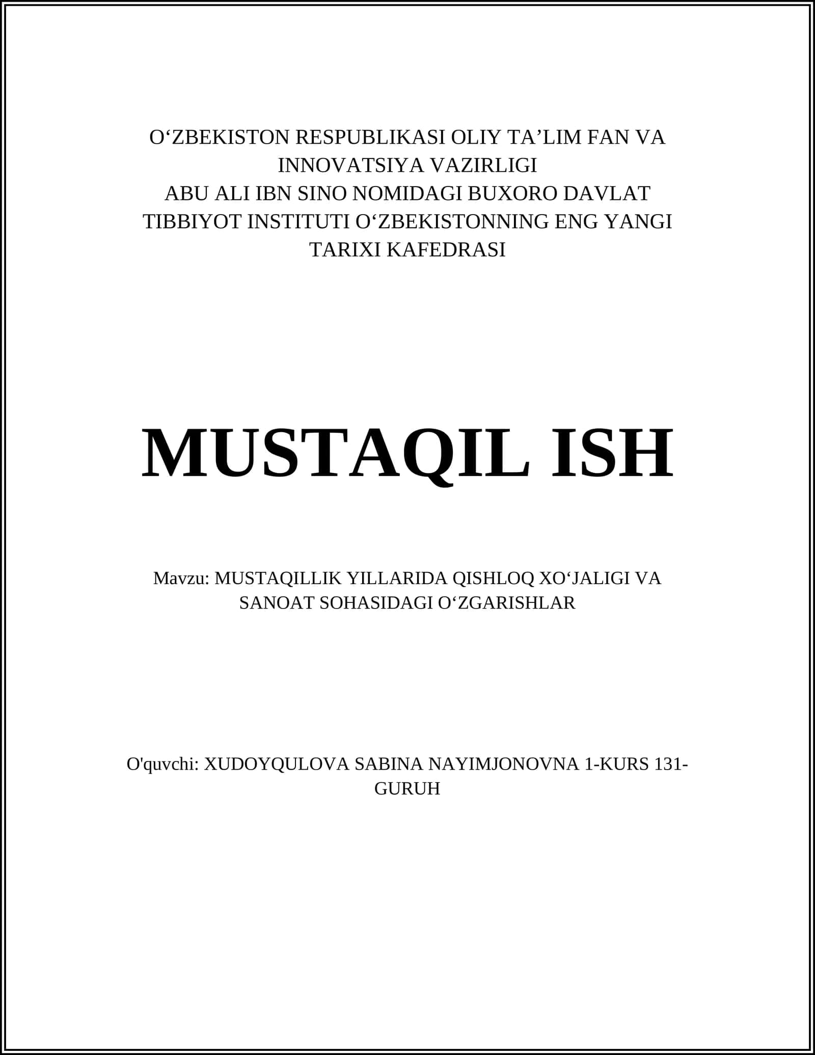MUSTAQILLIK YILLARIDA QISHLOQ XOʻJALIGI VA SANOAT SOHASIDAGI OʻZGARISHLAR