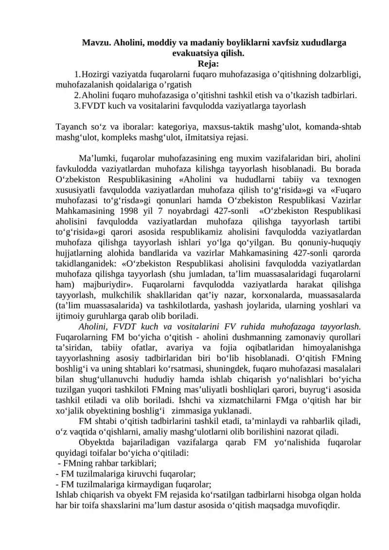 Aholini, moddiy va madaniy boyliklarni xavfsiz xududlarga evakuatsiya qilish