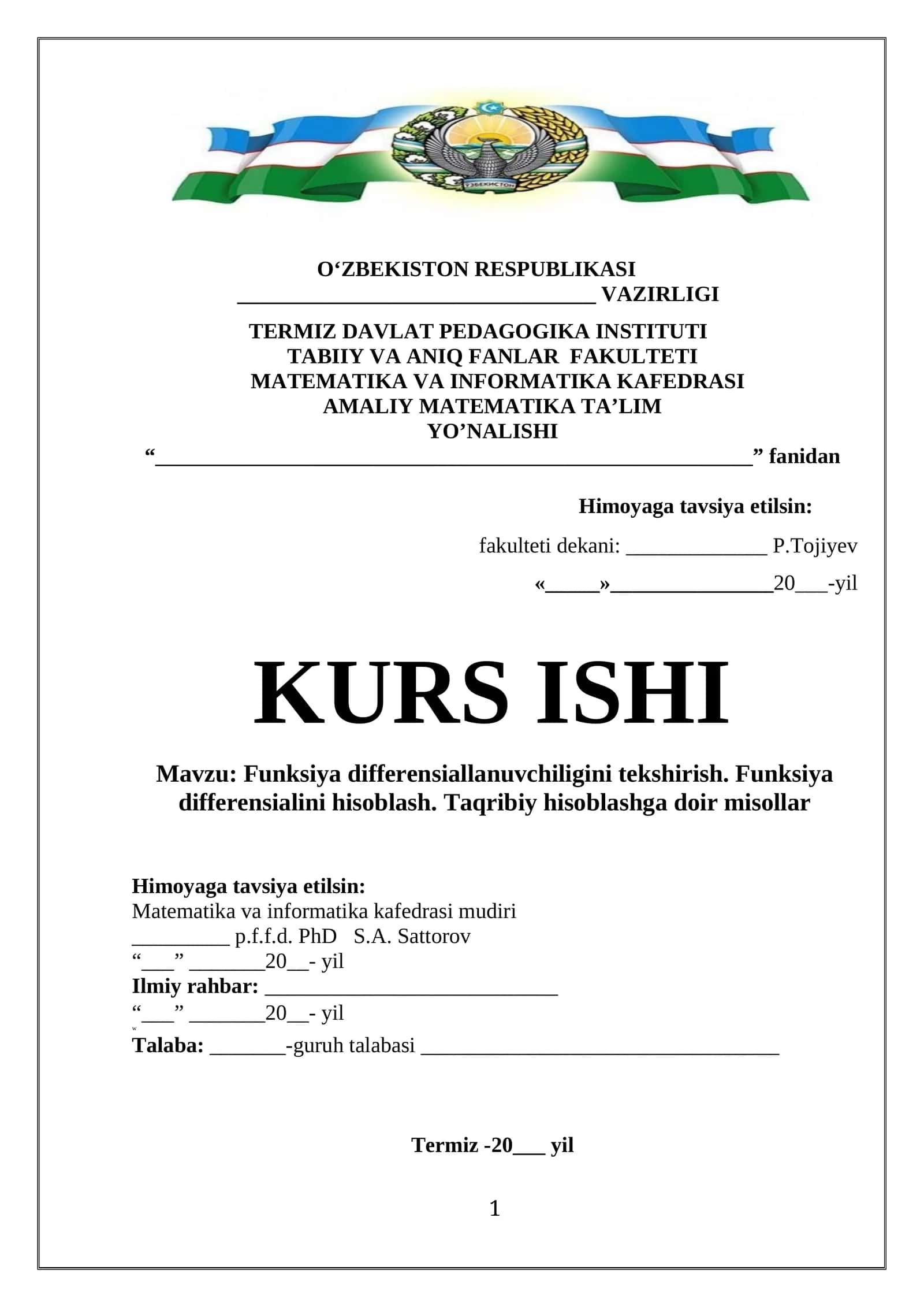 Funksiya differensiallanuvchiligini tekshirish. Funksiya differensialini hisoblash. Taqribiy hisoblashga doir misollar