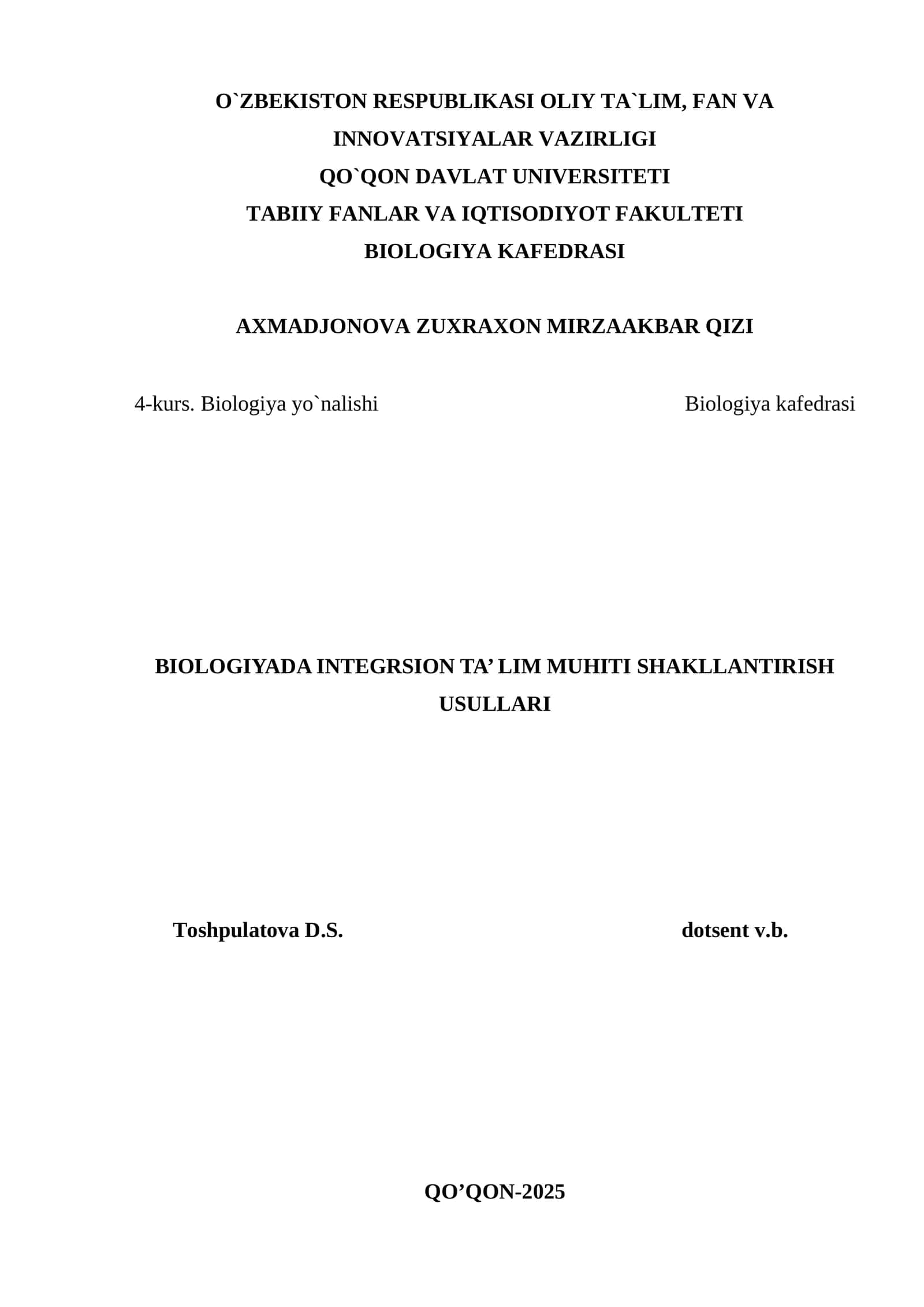 BIOLOGIYADA INTEGRSION TA’ LIM MUHITI SHAKLLANTIRISH USULLARI