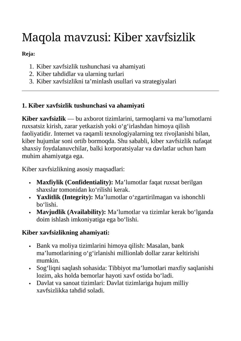 Kiberxavfsizlik bo'yicha maqola