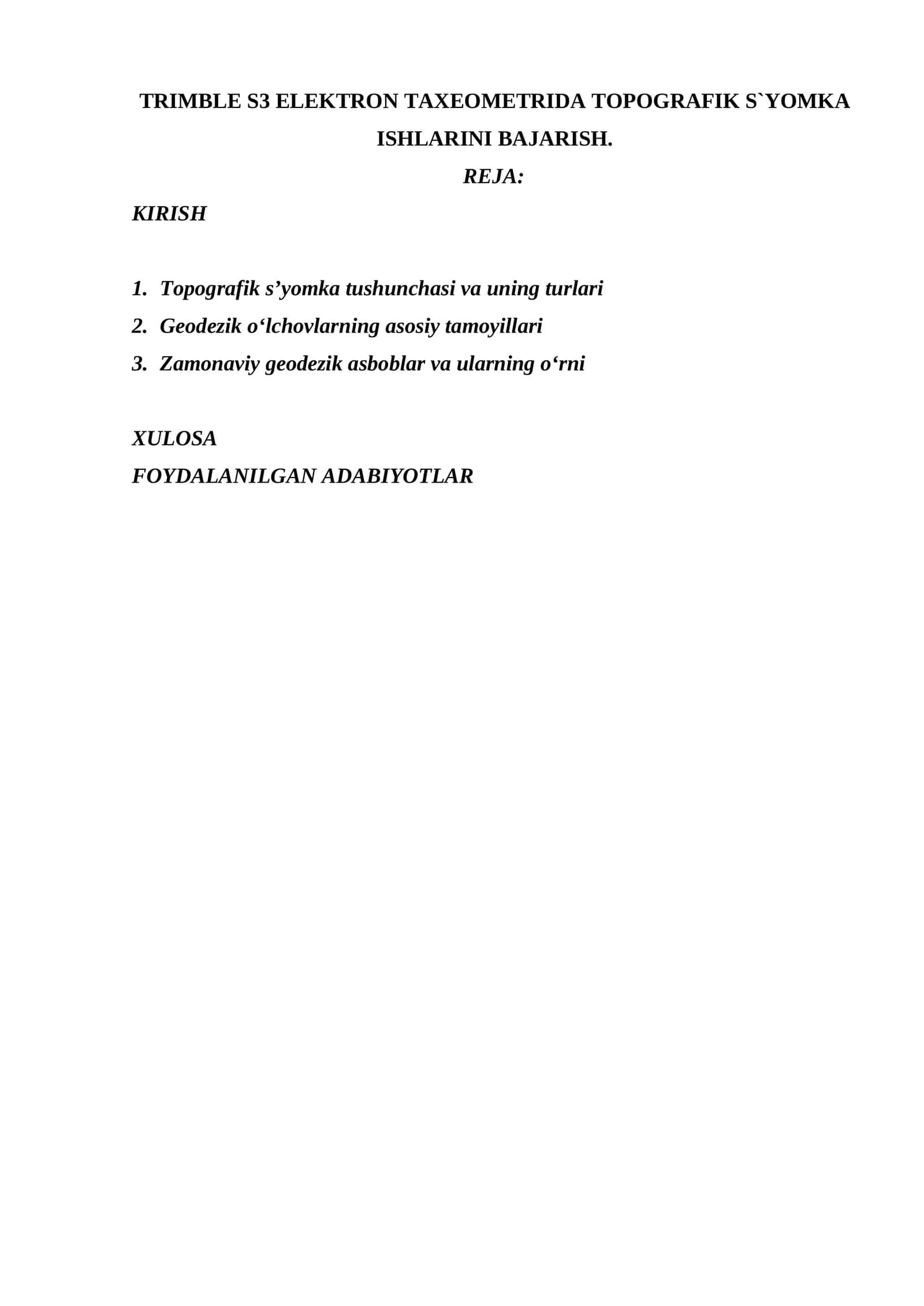 TRIMBLE S3 ELEKTRON TAXEOMETRIDA TOPOGRAFIK S`YOMKA ISHLARINI BAJARISH.