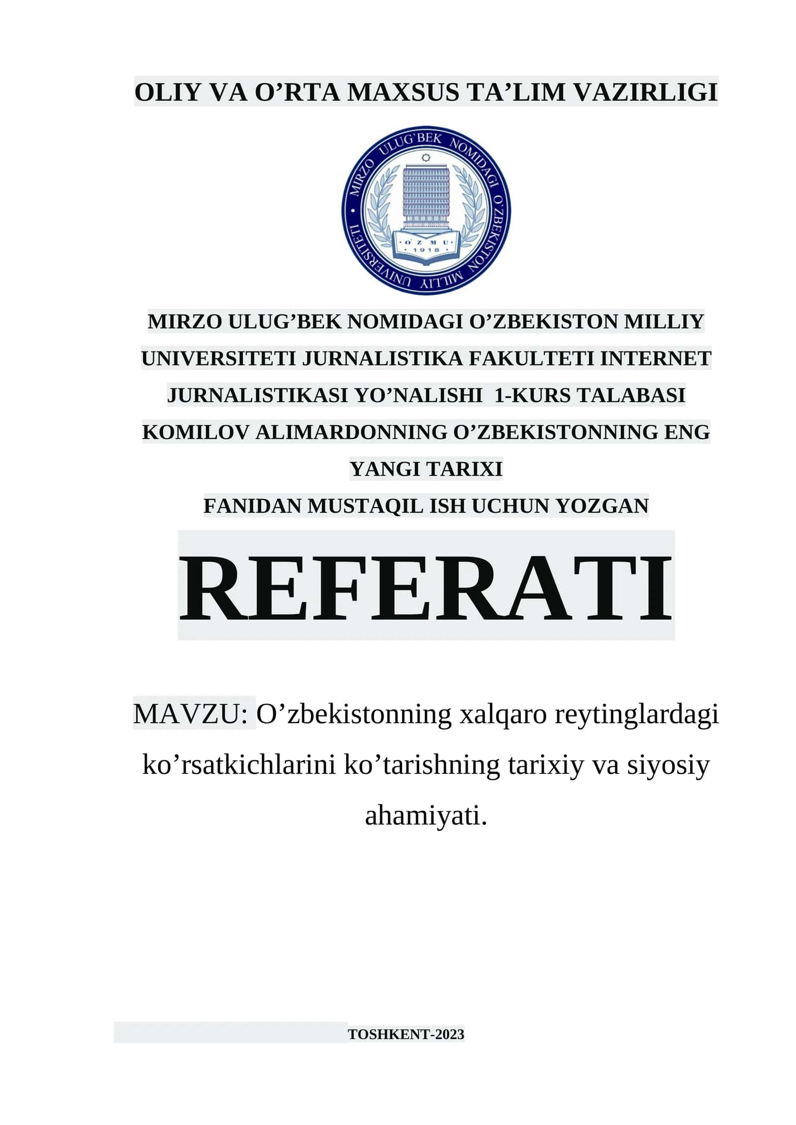 O’zbekistonning xalqaro reytinglardagi ko’rsatkichlarini ko’tarishning tarixiy va siyosiy ahamiyati
