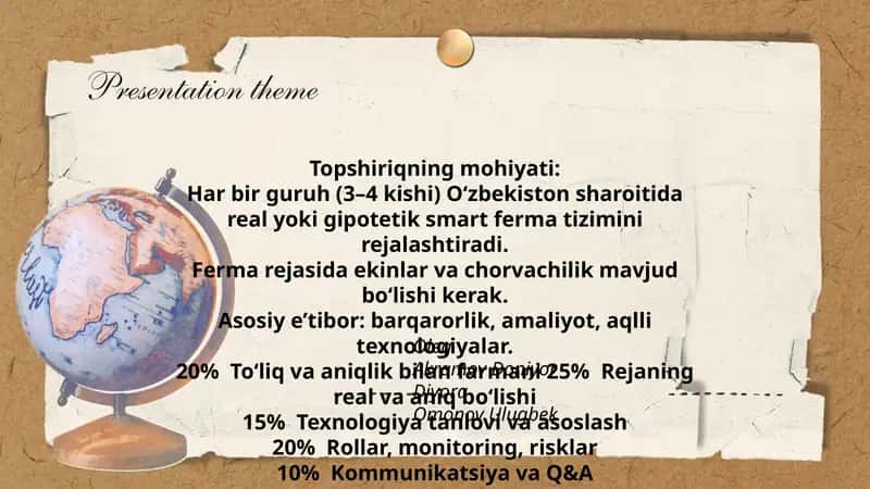 Smart ferma tizimi uchun topshiriq