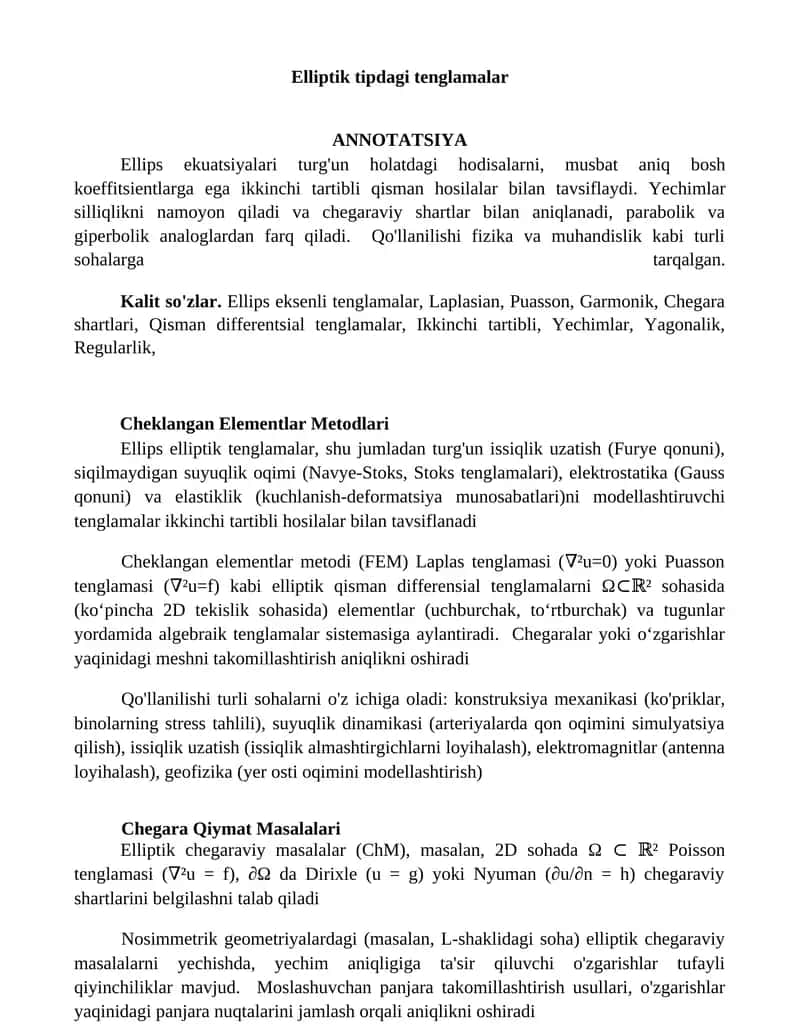 Ellips Ekuatsiyalari va Cheklangan Elementlar Metodlari