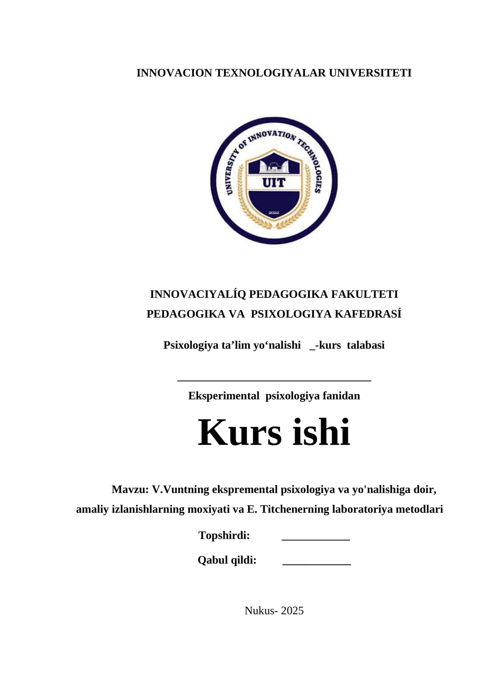 V.Vuntning ekspremental psixologiya va yo'nalishiga doir