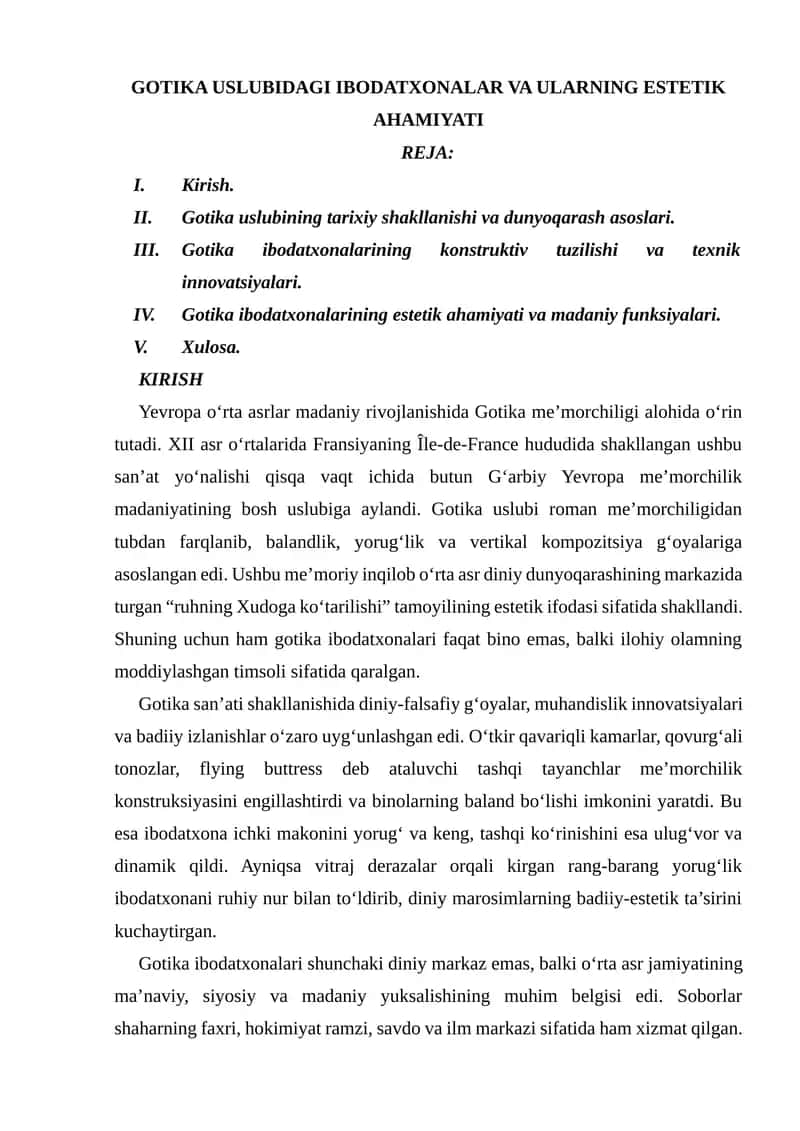 GOTIKA USLUBIDAGI IBODATXONALAR VA ULARNING ESTETIK AHAMIYATI
