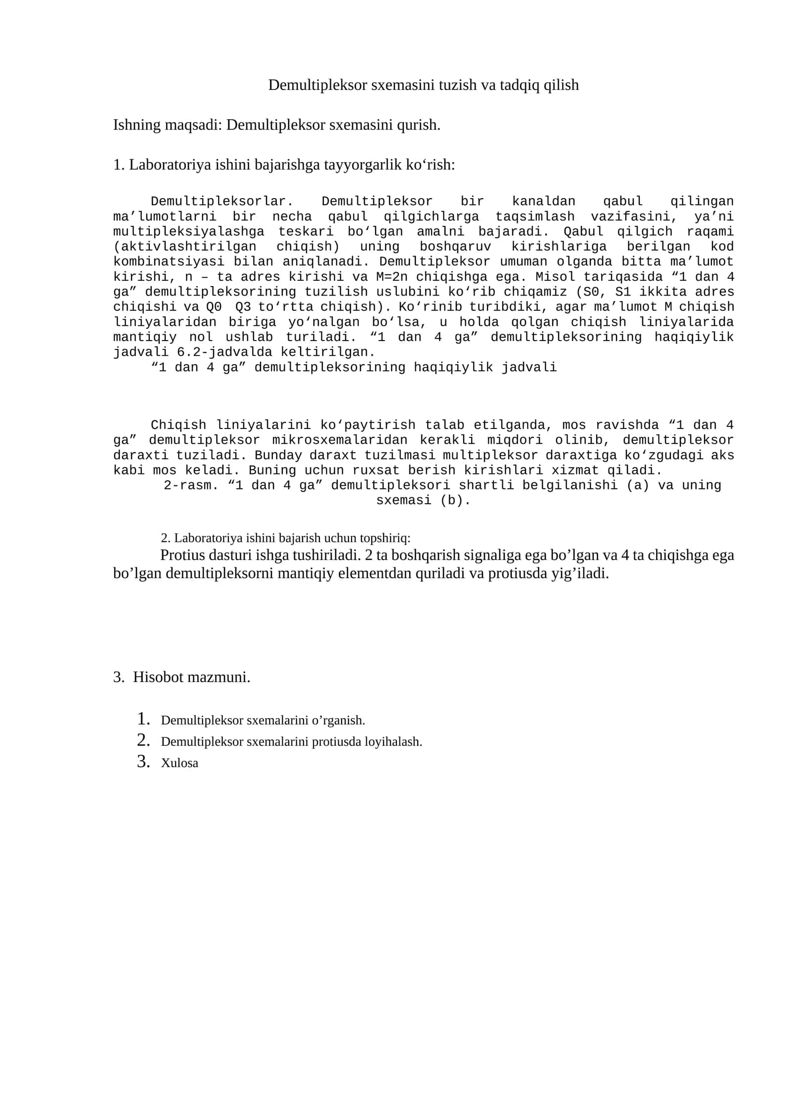 Demultipleksor sxemasini tuzish va tadqiq qilish