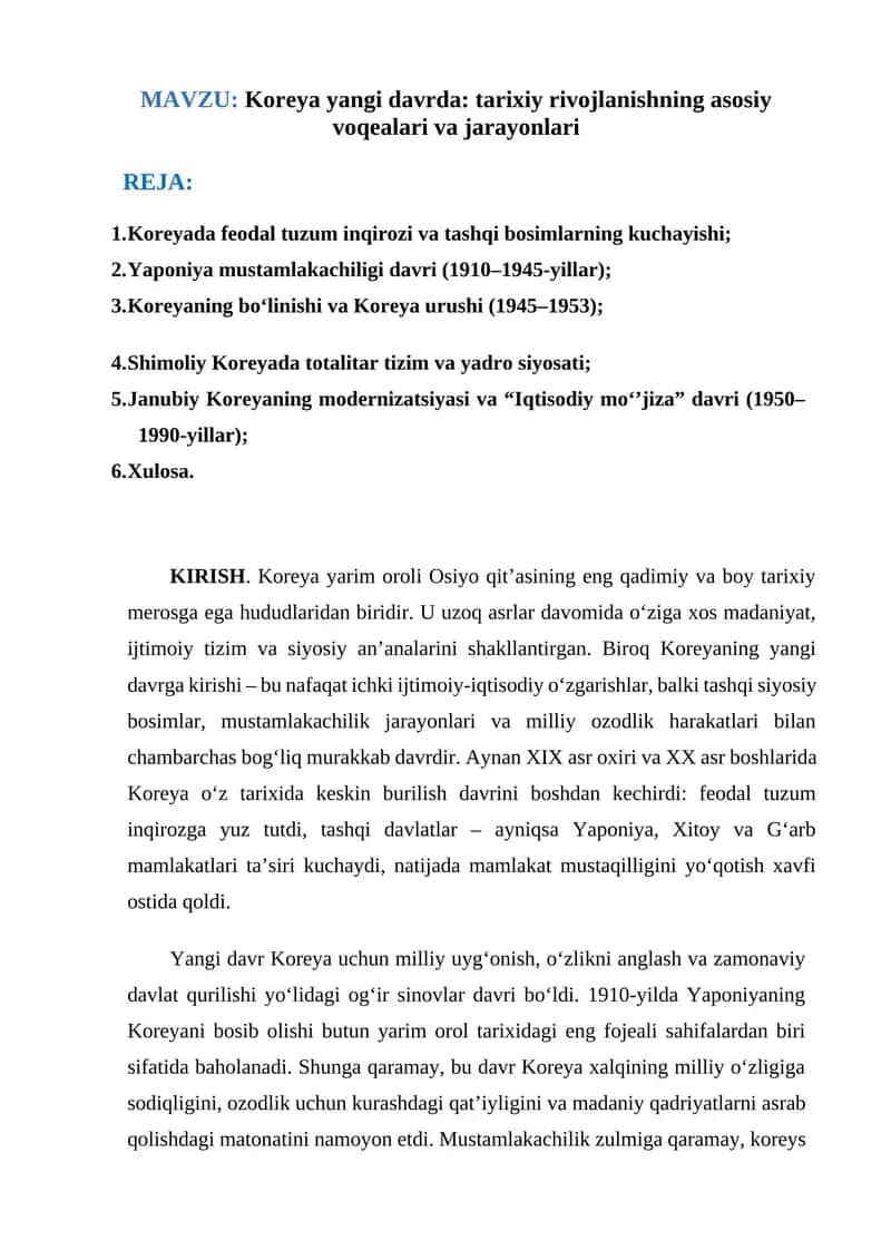 Koreya yangi davrda: tarixiy rivojlanishning asosiy voqealari va jarayonlari