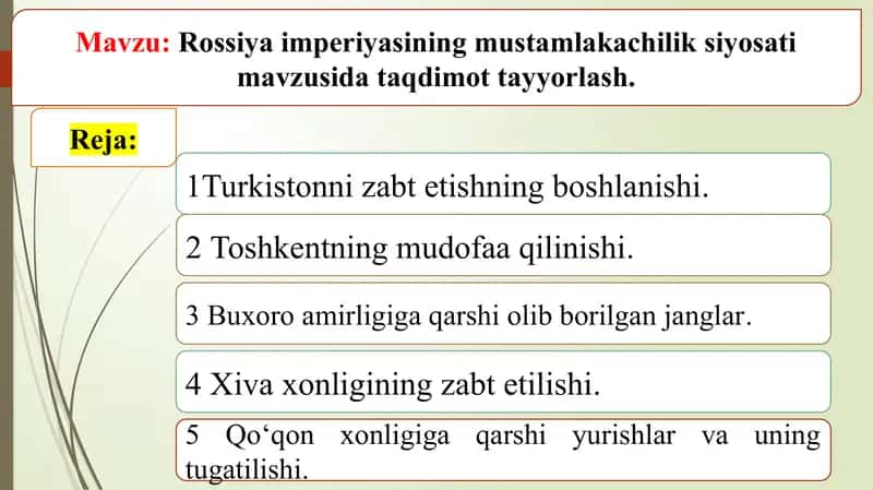 Rossiya imperiyasining mustamlakachilik siyosati mavzusida taqdimot tayyorlash.