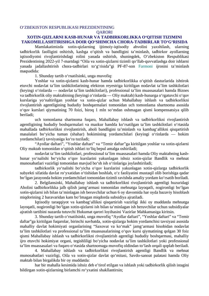 XOTIN-QIZLARNI KASB-HUNAR VA TADBIRKORLIKKA O‘QITISH TIZIMINI TAKOMILLASHTIRISHGA DOIR QO‘SHIMCHA CHORA-TADBIRLAR TO‘G‘RISIDA