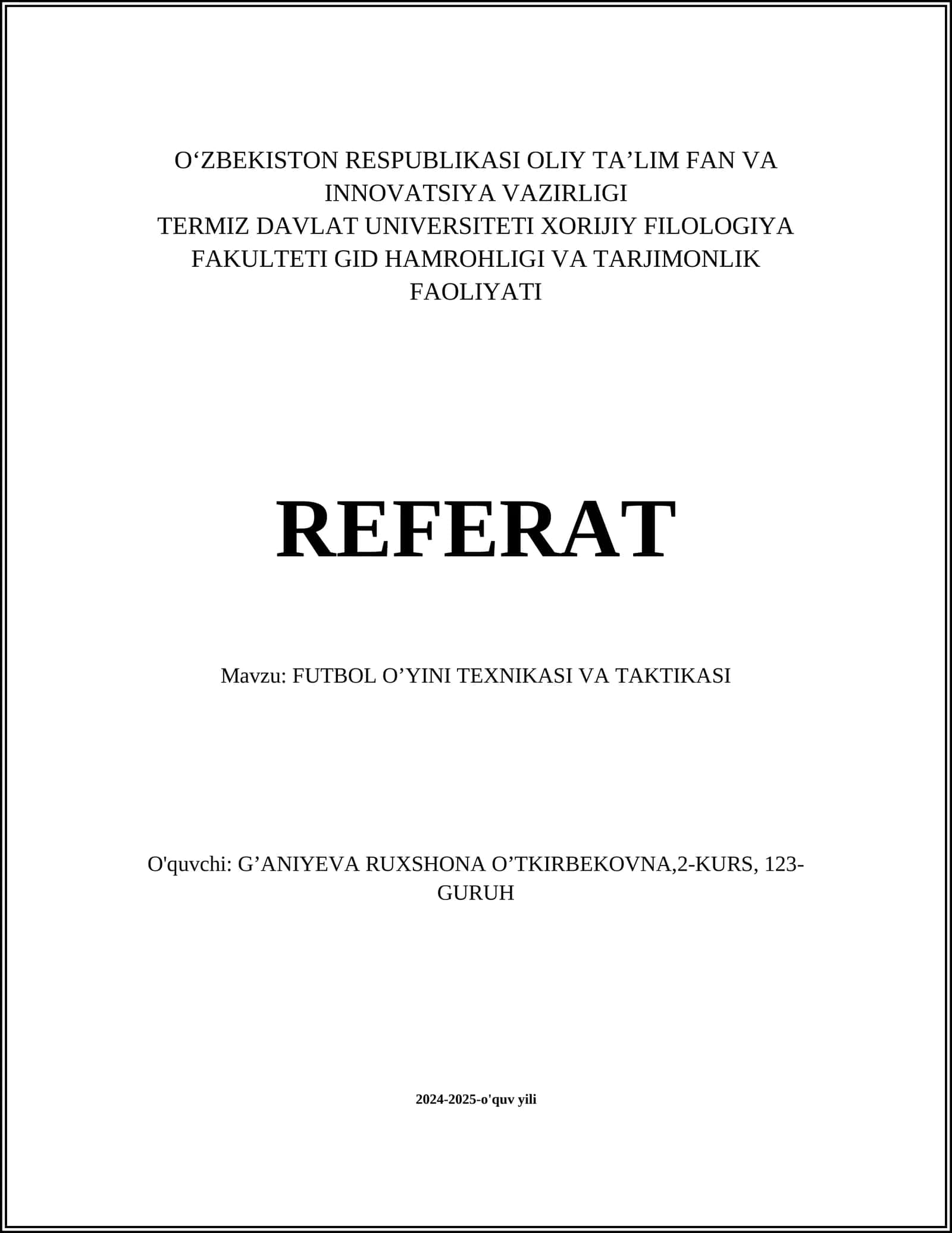 FUTBOL O’YINI TEXNIKASI VA TAKTIKASI