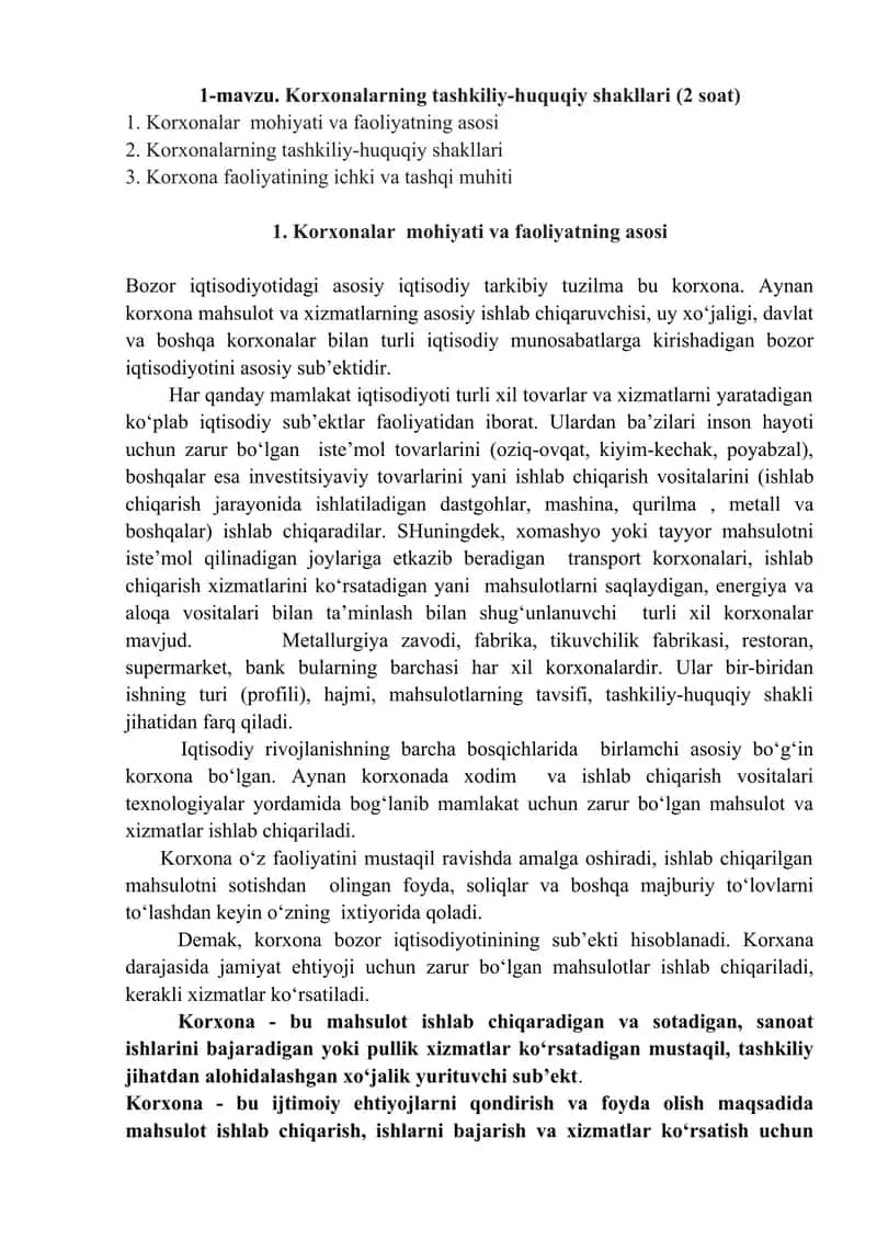 Korxonalarning tashkiliy-huquqiy shakllari