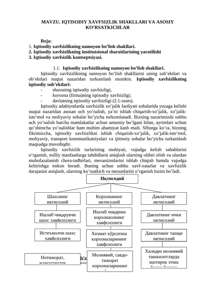 IQTISODIY XAVFSIZLIK SHAKLLARI VA ASOSIY KO‘RSATKICHLAR