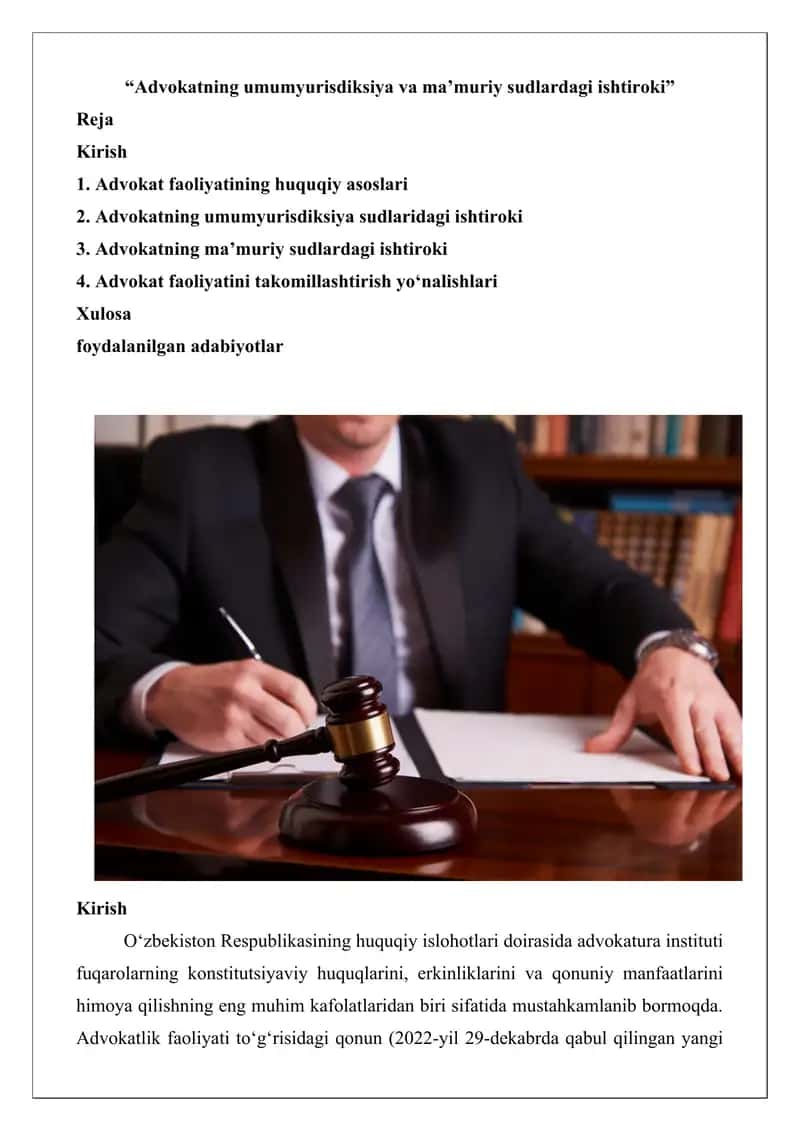 Advokatning umumyurisdiksiya va ma’muriy sudlardagi ishtiroki