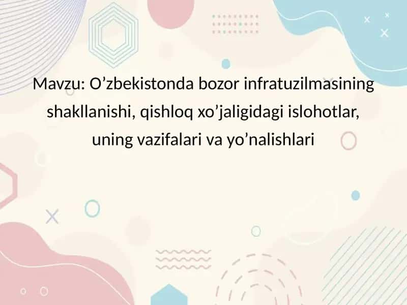 O’zbekistonda bozor infratuzilmasining shakllanishi, qishloq xo’jaligidagi islohotlar, uning vazifalari va yo’nalishlari