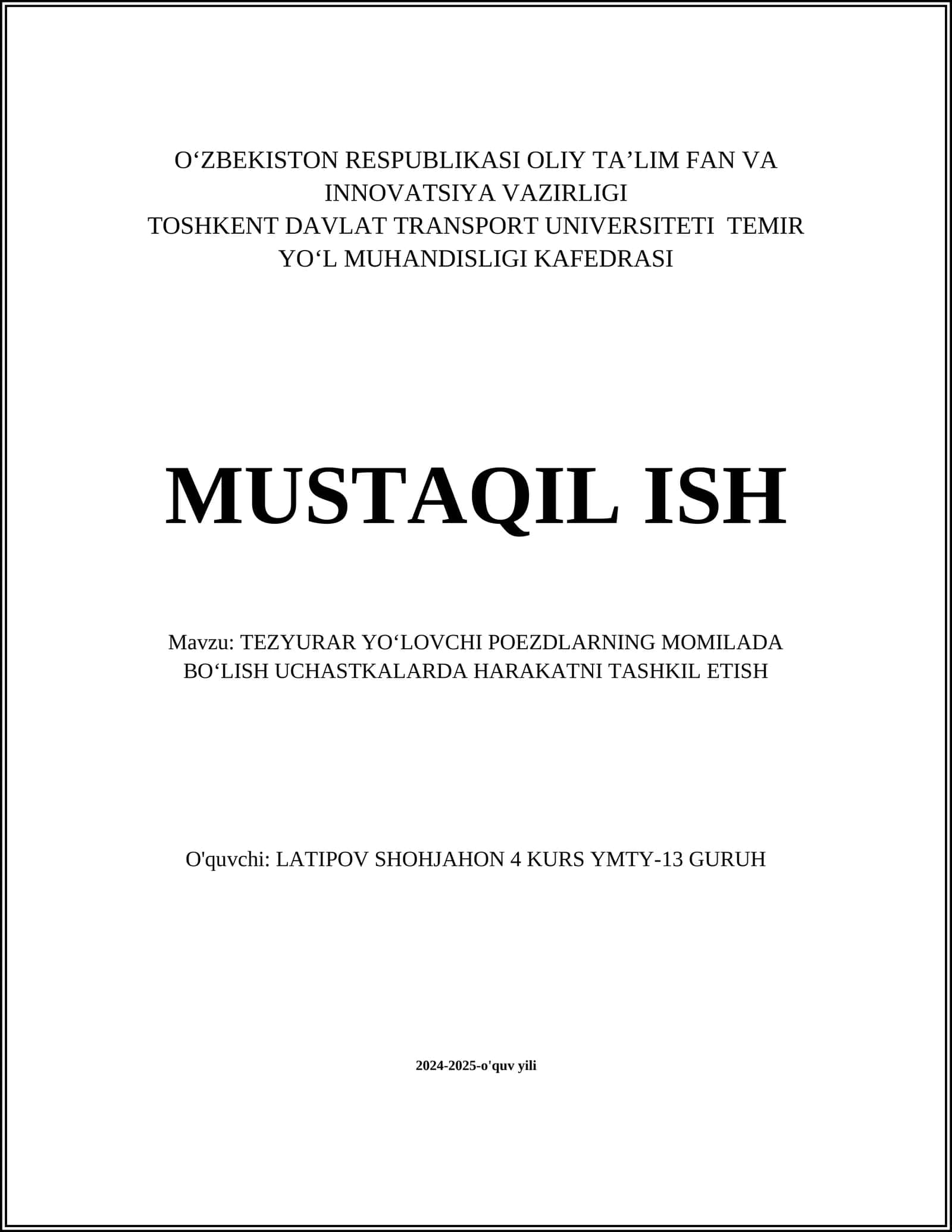 TEZYURAR YOʻLOVCHI POEZDLARNING MOMILADA BOʻLISH UCHASTKALARDA HARAKATNI TASHKIL ETISH