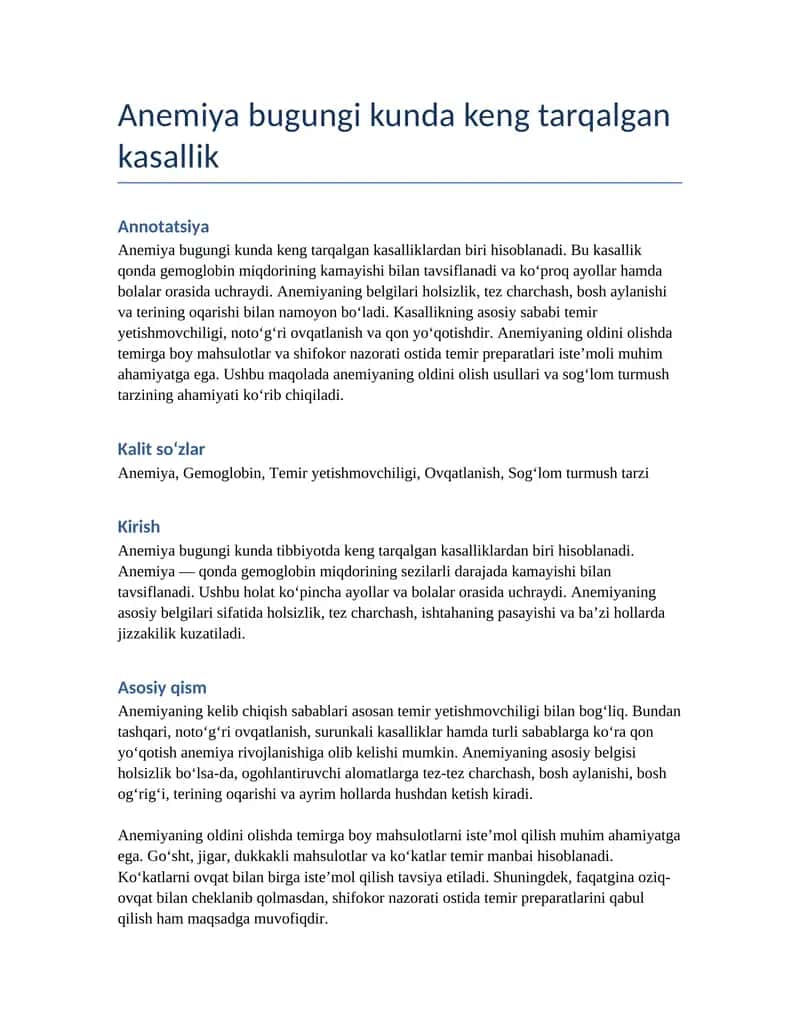 Hozirgi kunda animiya kasallagi maqola