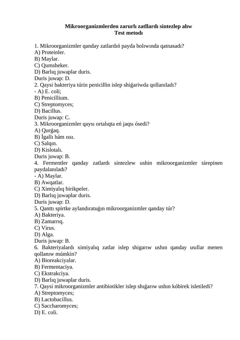 Mikroorganizmlerden zárurli zatlardı sintezlep alıw