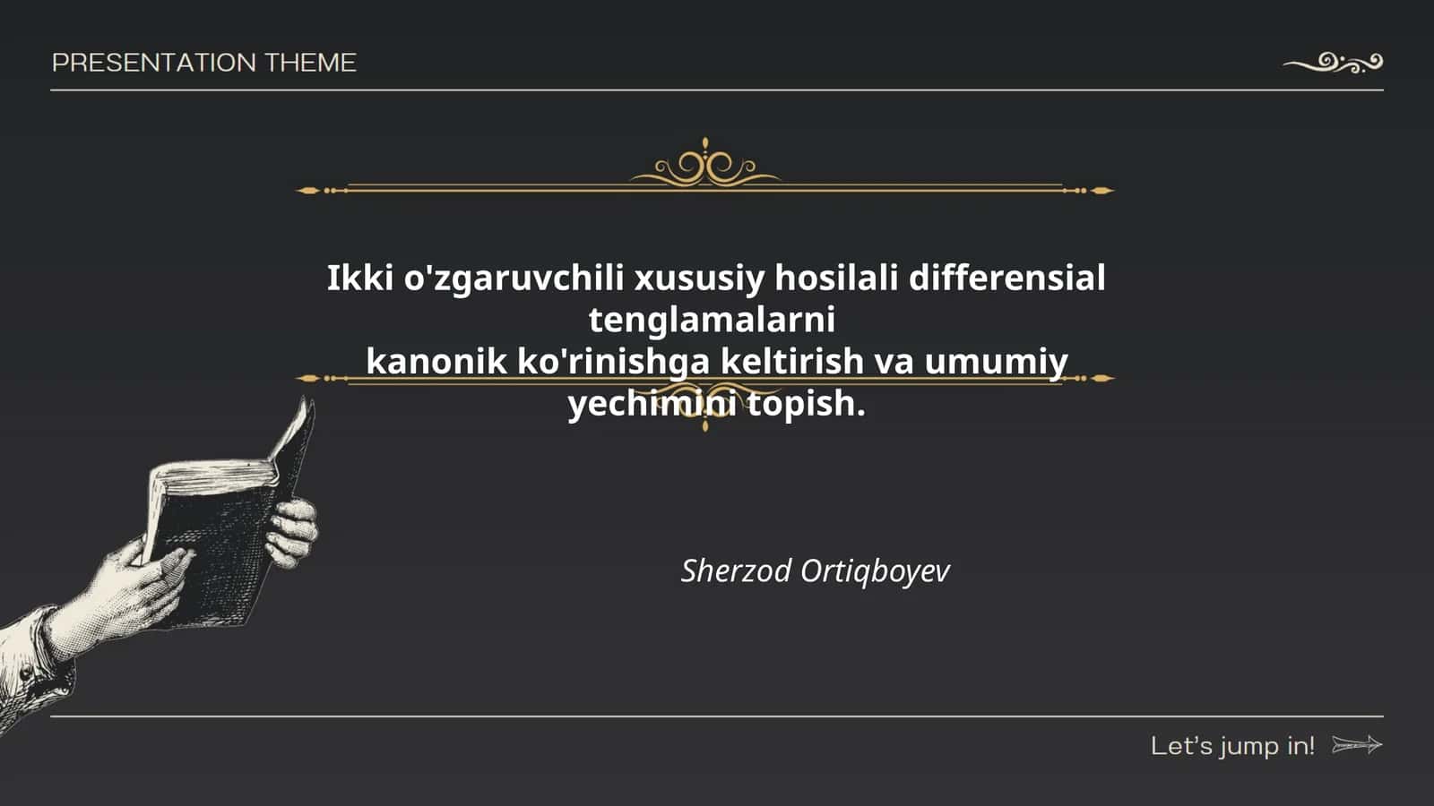 Ikki o'zgaruvchili xususiy hosilali differensial tenglamalarni kanonik ko'rinishga keltirish va umumiy yechimini topish