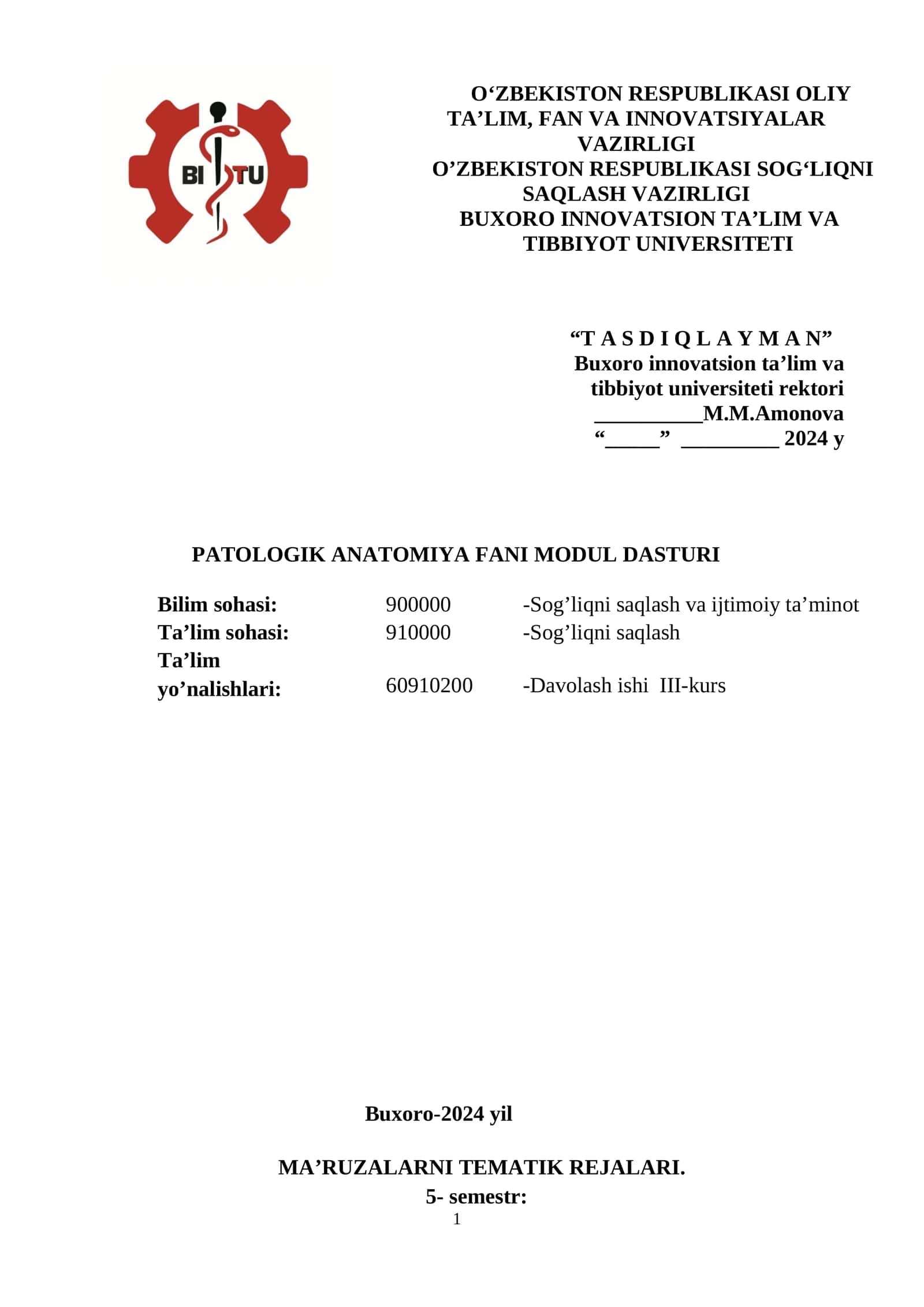 PATOLOGIK ANATOMIYA FANI MODUL DASTURI