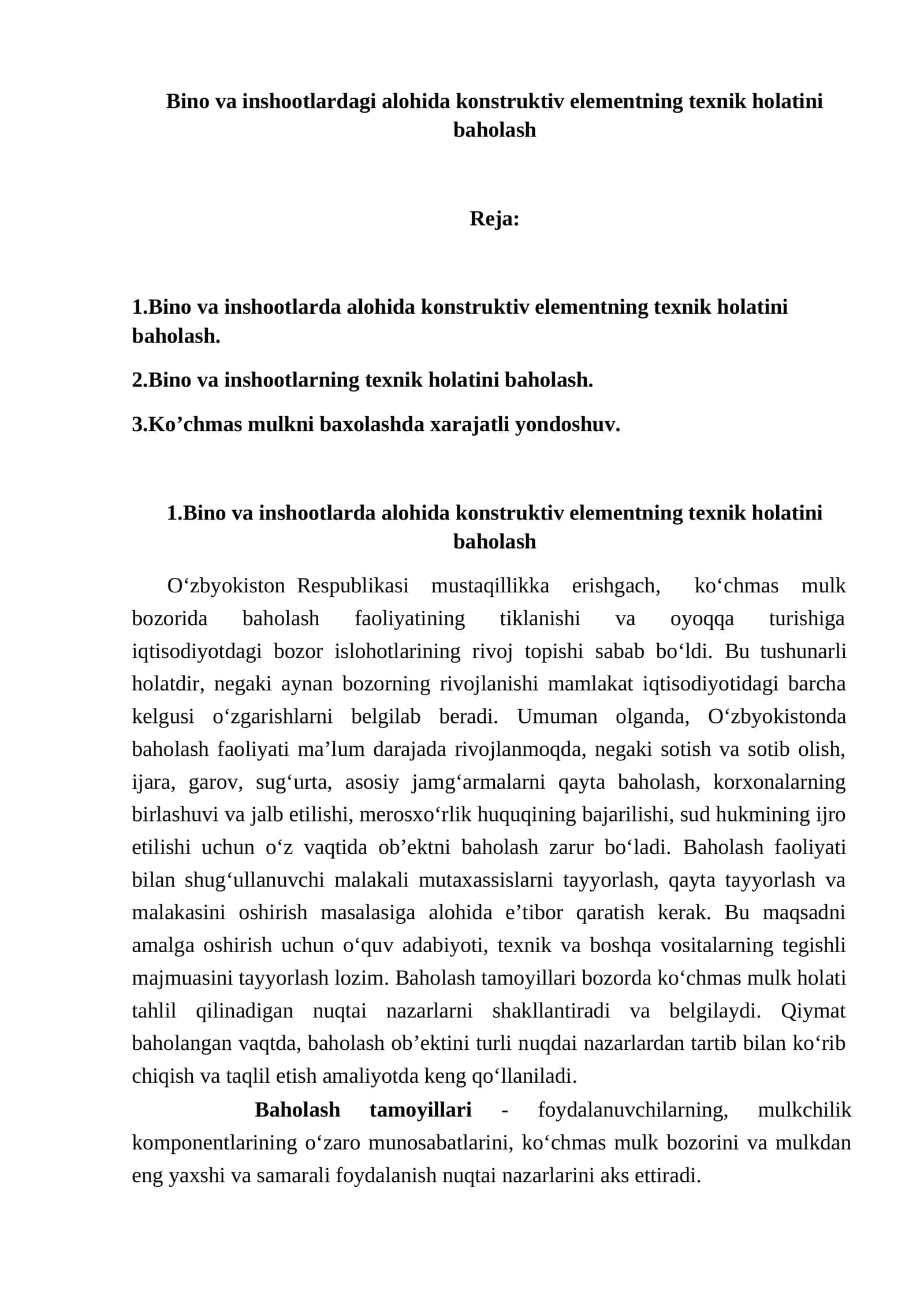 Bino va inshootlardagi alohida konstruktiv elementning texnik holatini baholash