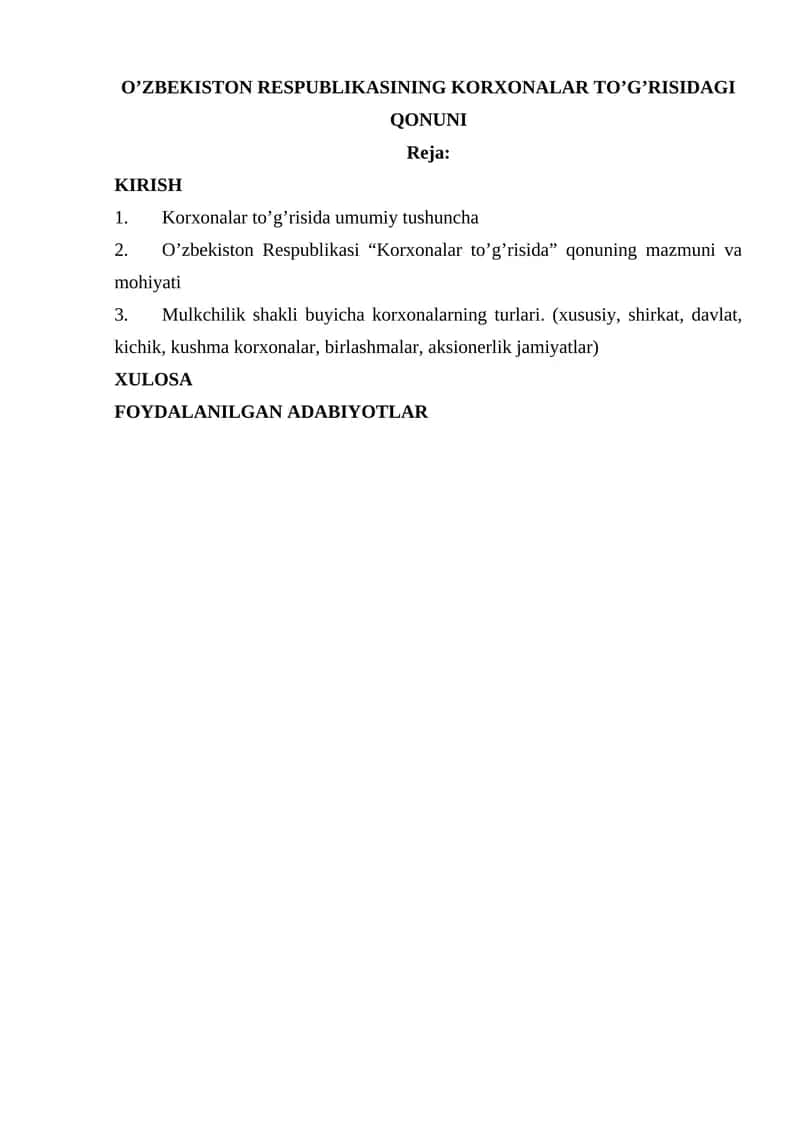 O’ZBEKISTON RESPUBLIKASINING KORXONALAR TO’G’RISIDAGI QONUNI