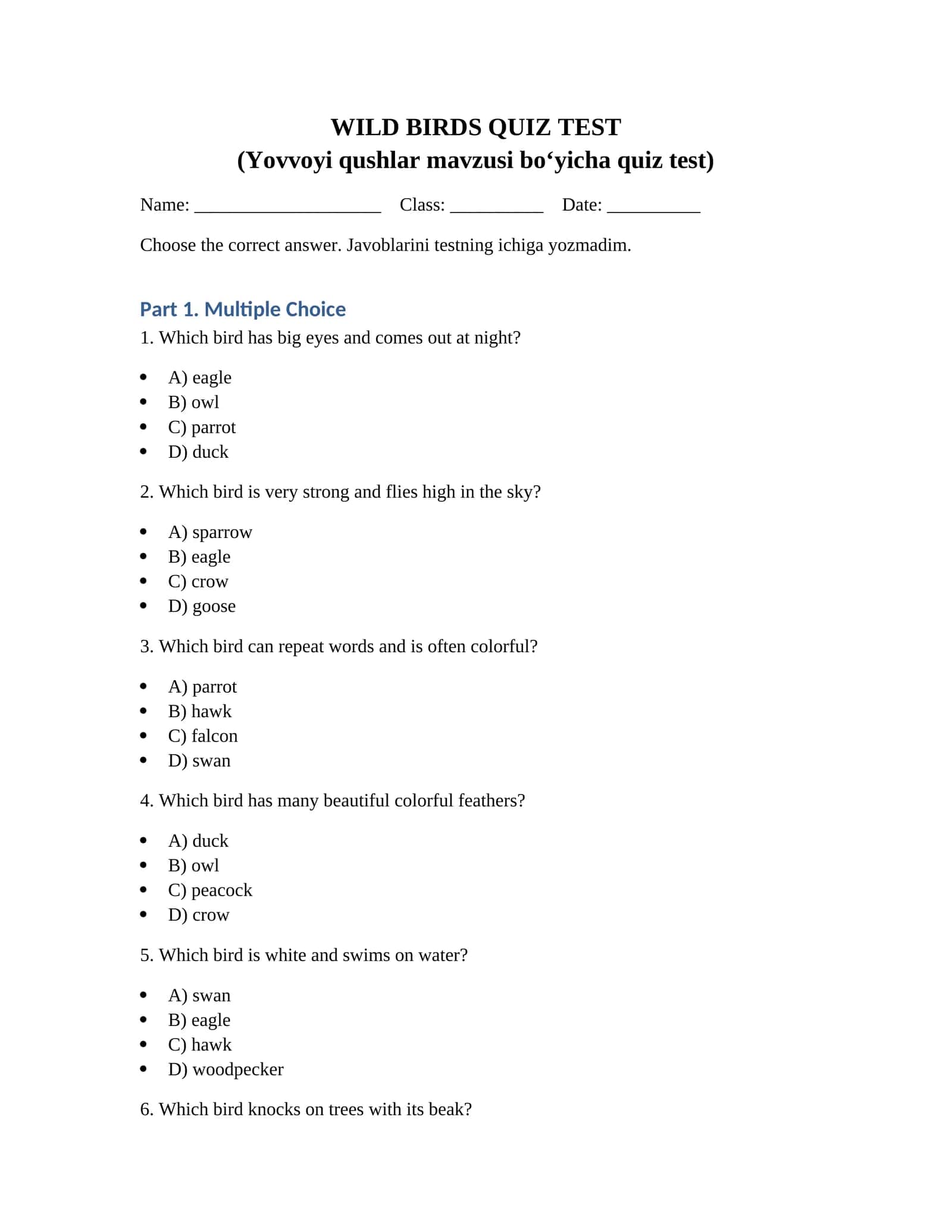 WILD BIRDS QUIZ TEST