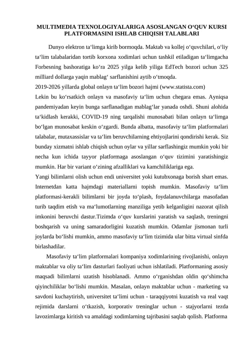 Multimedia texnologiyalariga asoslangan o‘quv kursi platformasini ishlab chiqish talablari