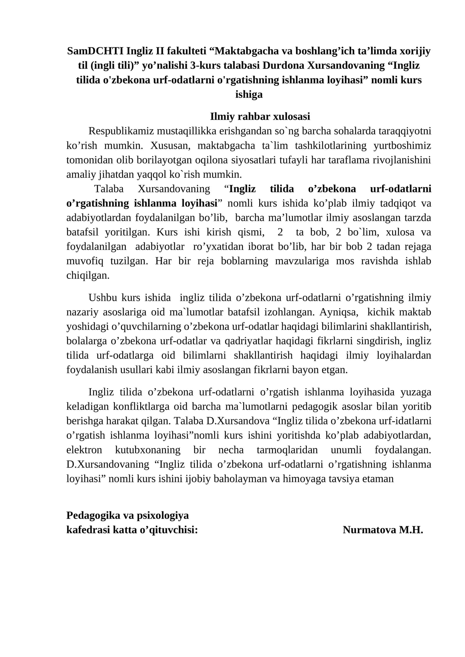 "Ingliz tilida o'zbekona urf-odatlarni o'rgatishning ishlanma loyihasi"