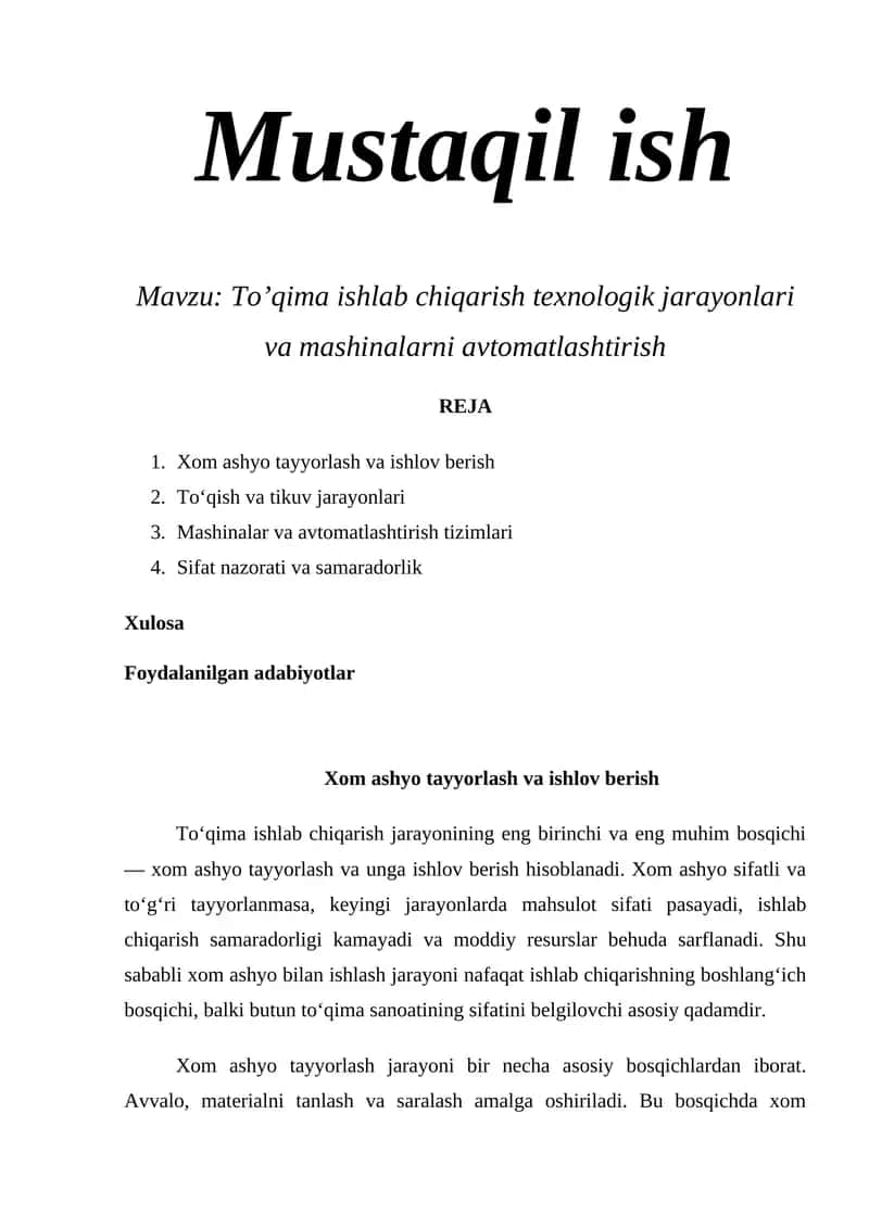 To’qima ishlab chiqarish texnologik jarayonlari va mashinalarni avtomatlashtirish