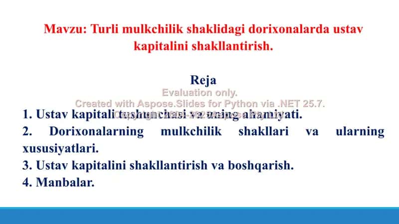 Turli mulkchilik shaklidagi dorixonalarda ustav kapitalini shakllantirish. Taqdimot 12 bet