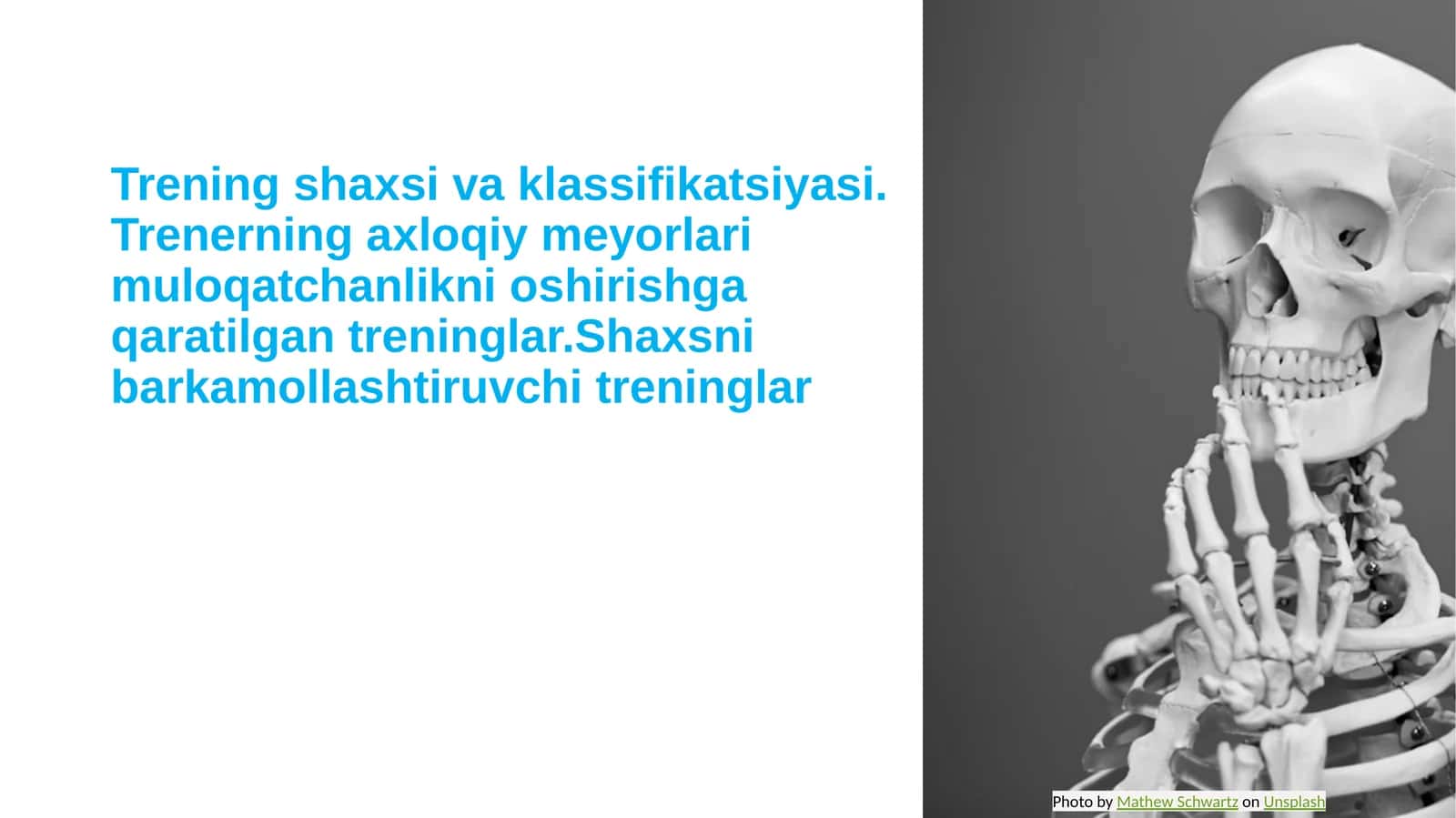 Trening shaxsi va klassifikatsiyasi. Trenerning axloqiy meyorlari muloqatchanlikni oshirishga qaratilgan treninglar.Shaxsni barkamollashtiruvchi treninglar mavzusida slayd taqdimot