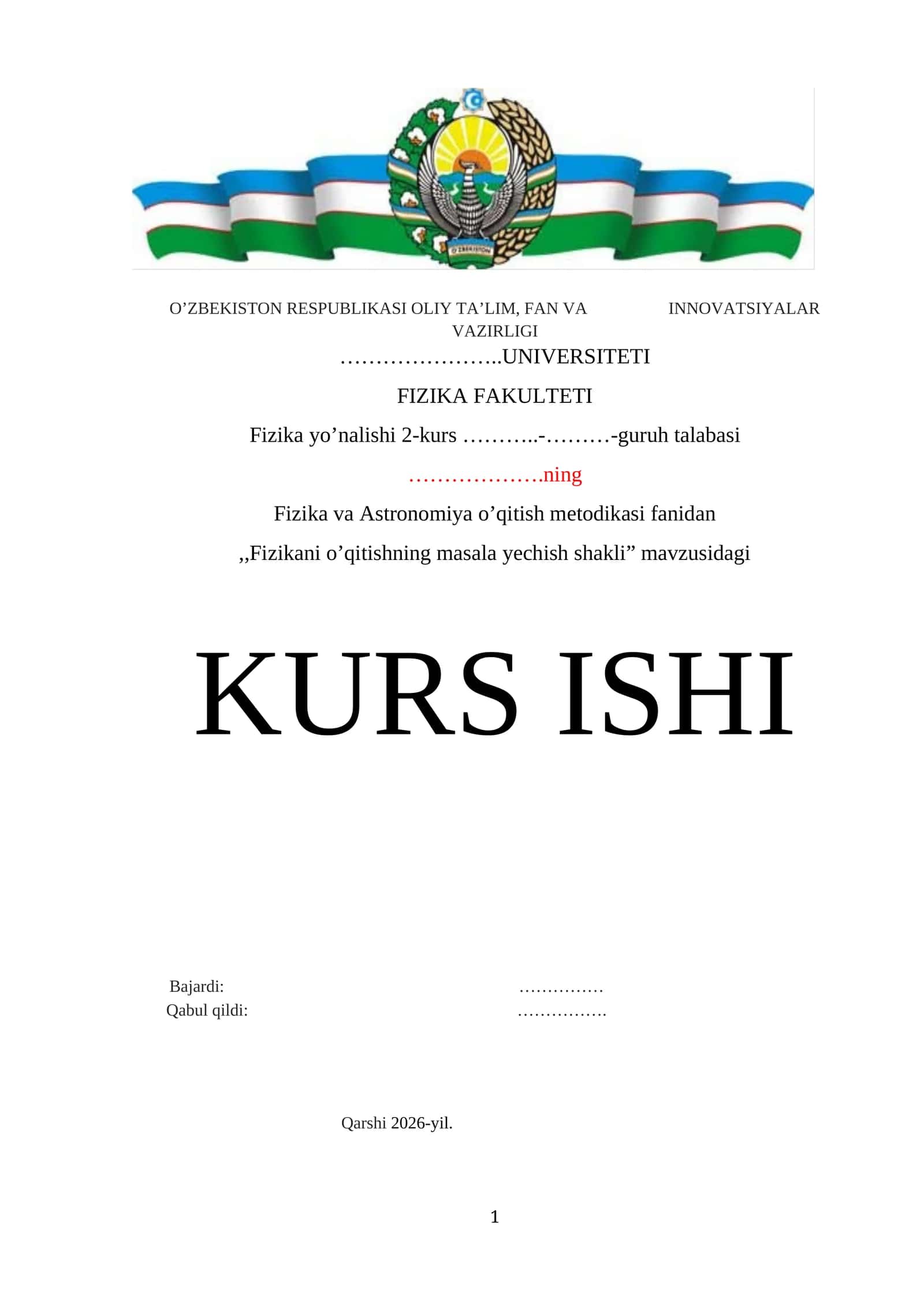 Fizikani o’qitishning masala yechish shakli mavzusida tayyor kurs ishi