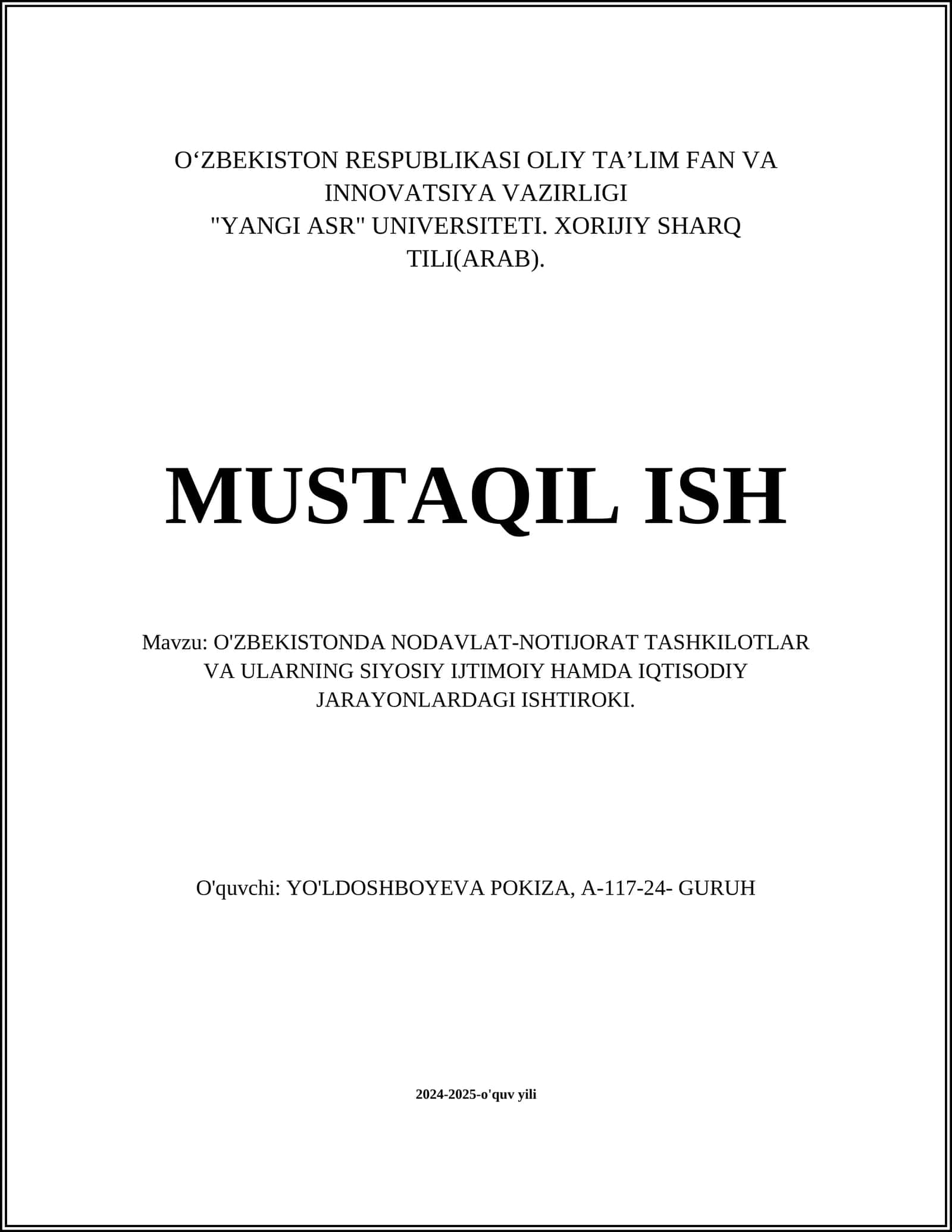 O'ZBEKISTONDA NODAVLAT-NOTIJORAT TASHKILOTLAR VA ULARNING SIYOSIY IJTIMOIY HAMDA IQTISODIY JARAYONLARDAGI ISHTIROKI