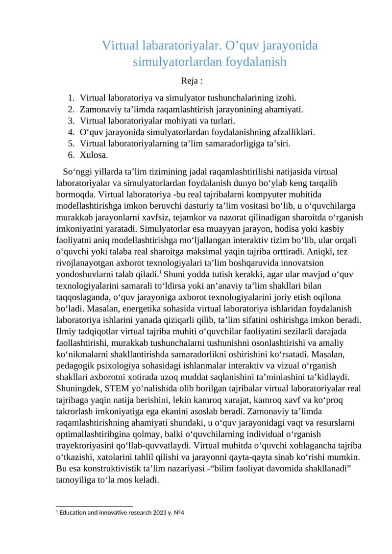 Virtual labaratoriyalar. O’quv jarayonida simulyatorlardan foydalanish