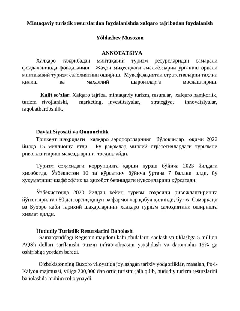 Mintaqaviy turistik resurslardan foydalanishda xalqaro tajribadan foydalanish