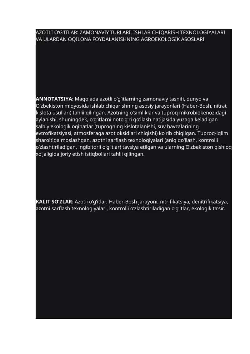 Azotli O‘g‘itlar: Zamonaviy Turlari, Ishlab Chiqarish Texnologiyalari va Ulardan Oqilona Foydalanishning Agroekologik Asoslari