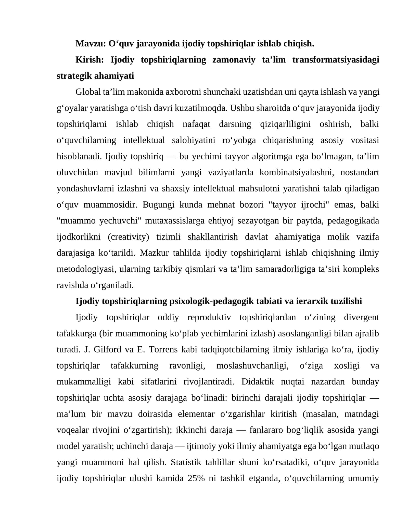 O‘quv jarayonida ijodiy topshiriqlar ishlab chiqish