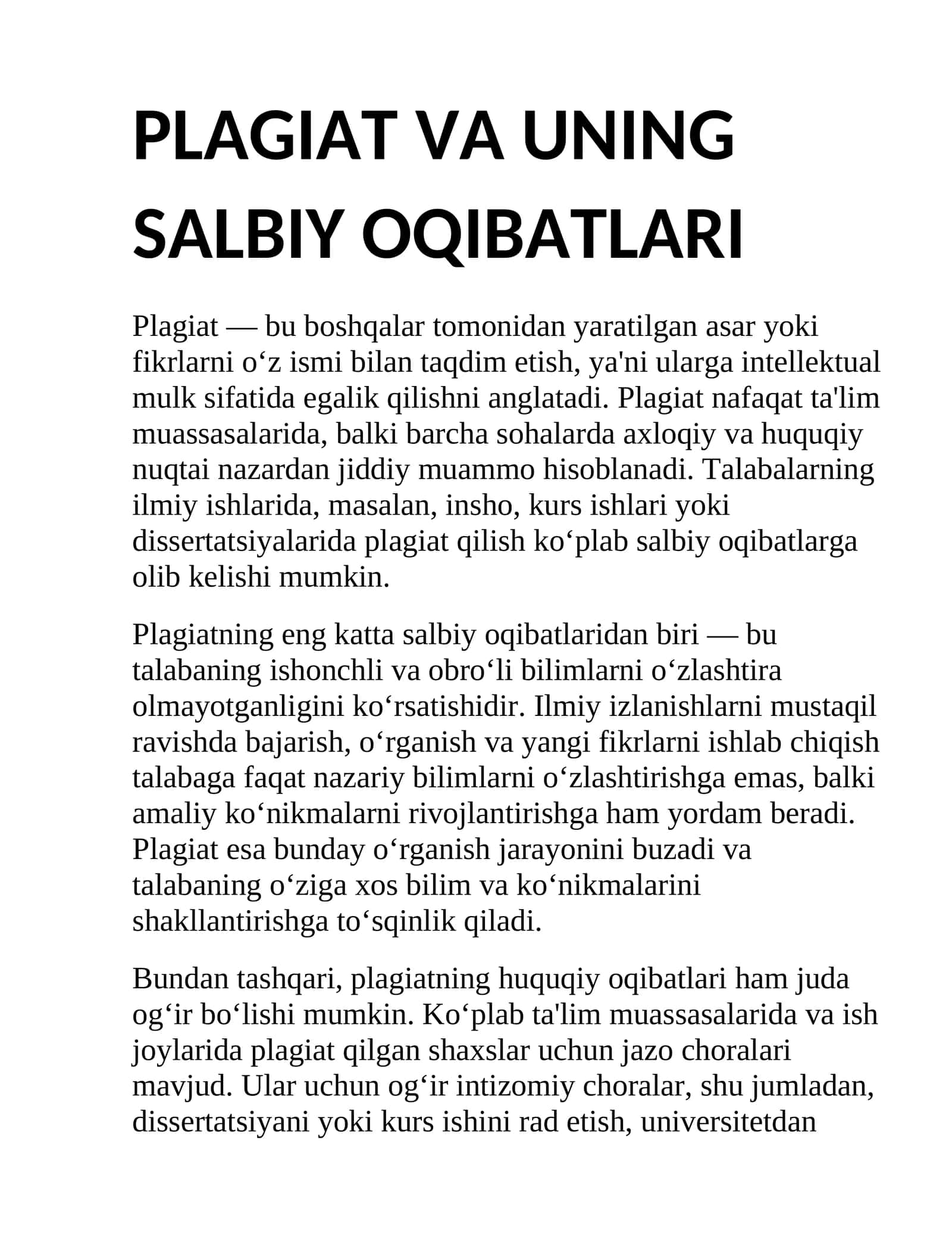 PLAGIAT VA UNING SALBIY OQIBATLARI