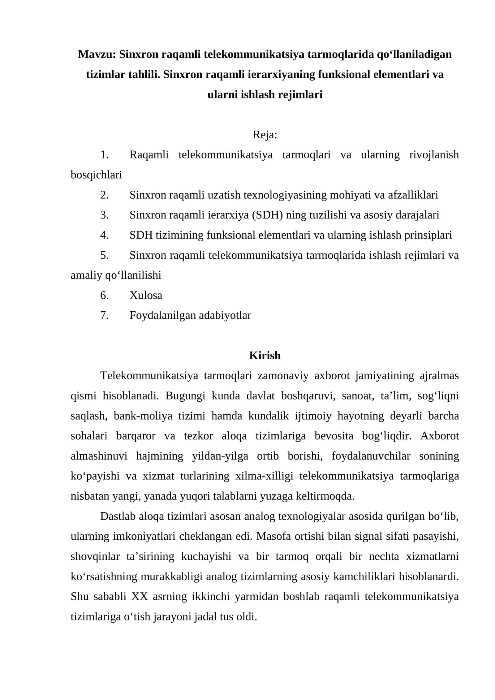 Sinxron raqamli telekommunikatsiya tarmoqlari tahlili